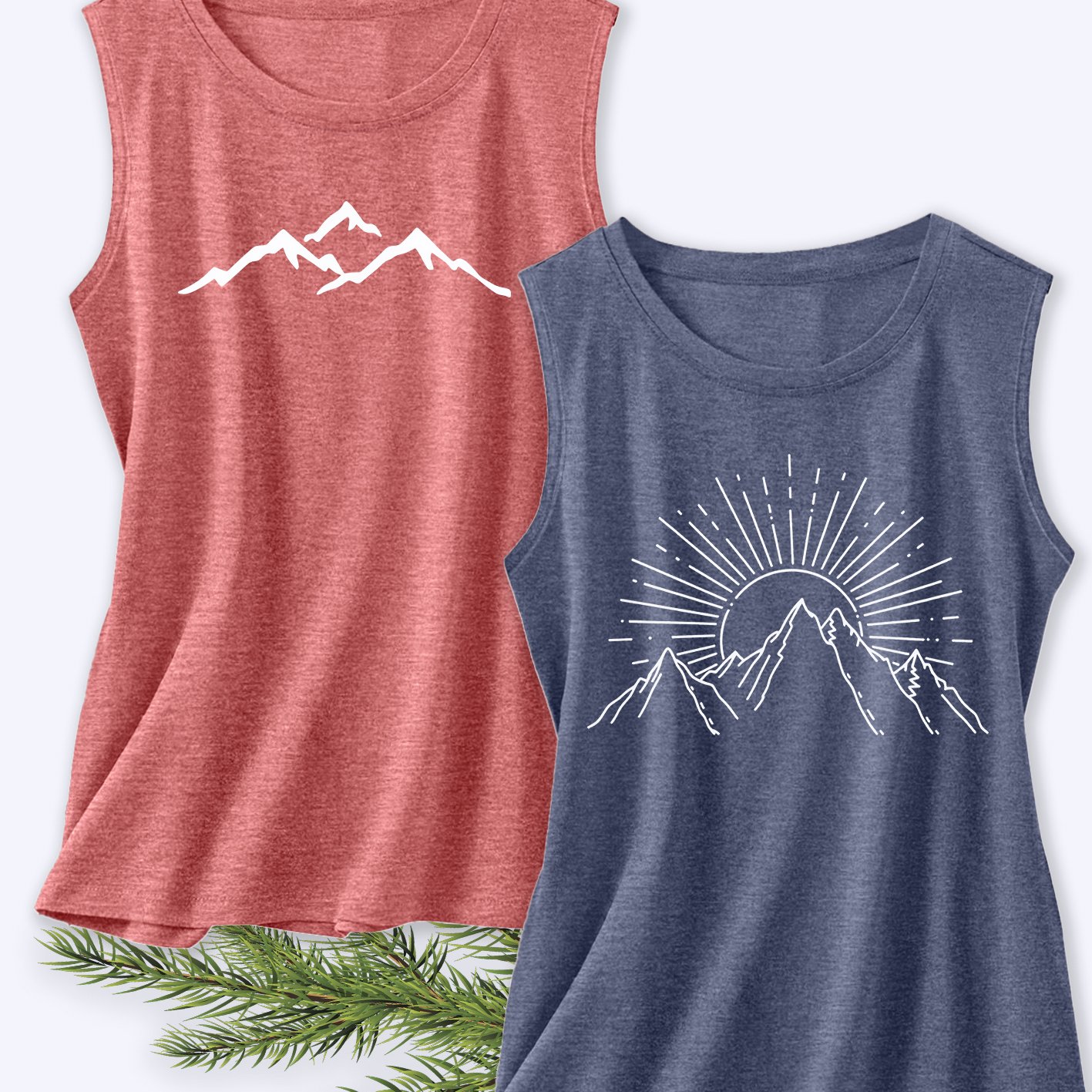 TEMU Two-pack Women's Tank Tops With Mountain Sunrise Print, Elegant Summer Party Apparel, Sleeveless Vests, Essential Summer Fashion Item For Women,