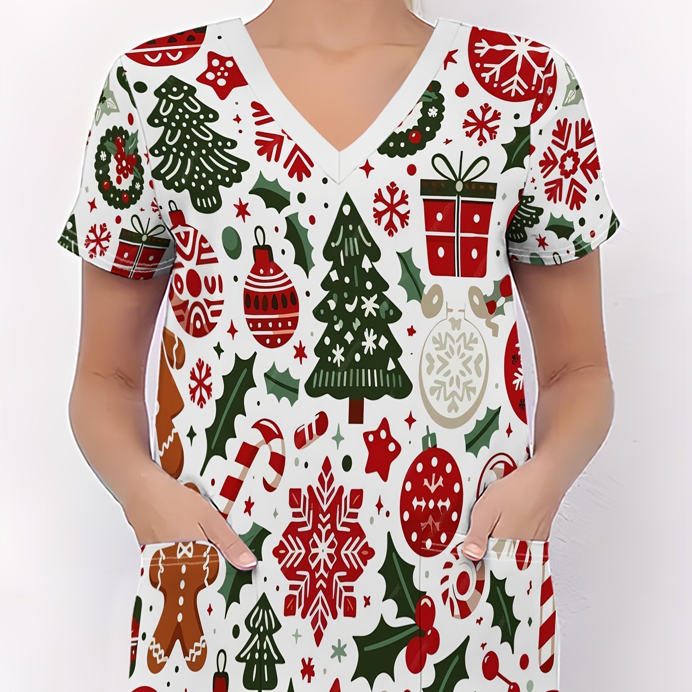 TEMU Plus Size, Christmas Plus Size Women's Nurse Uniform, Festive Christmas Element Printed T-shirt, Soft And Stretchy, Christmas V-neck Top With