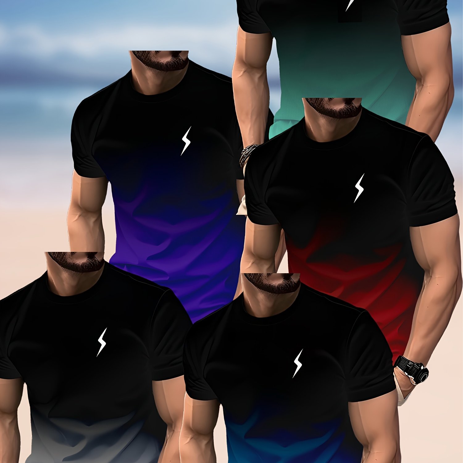 Image of 5pcs Men's Gradient Lightning Print T-shirts, Short Sleeve Crew Neck Tees, Summer Outdoor Men's Clothing