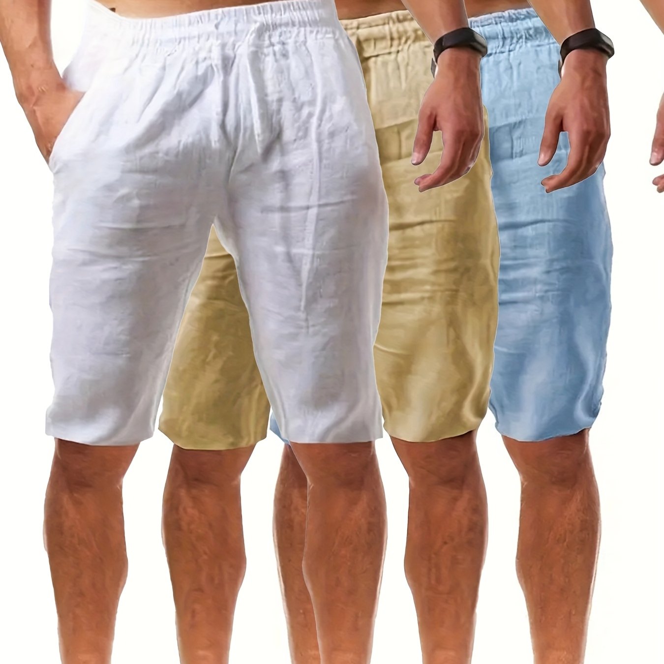 3pcs 's Shorts, Summer Sweat-absorbent Breathable Solid Color Casual Beach Drawstring Shorts