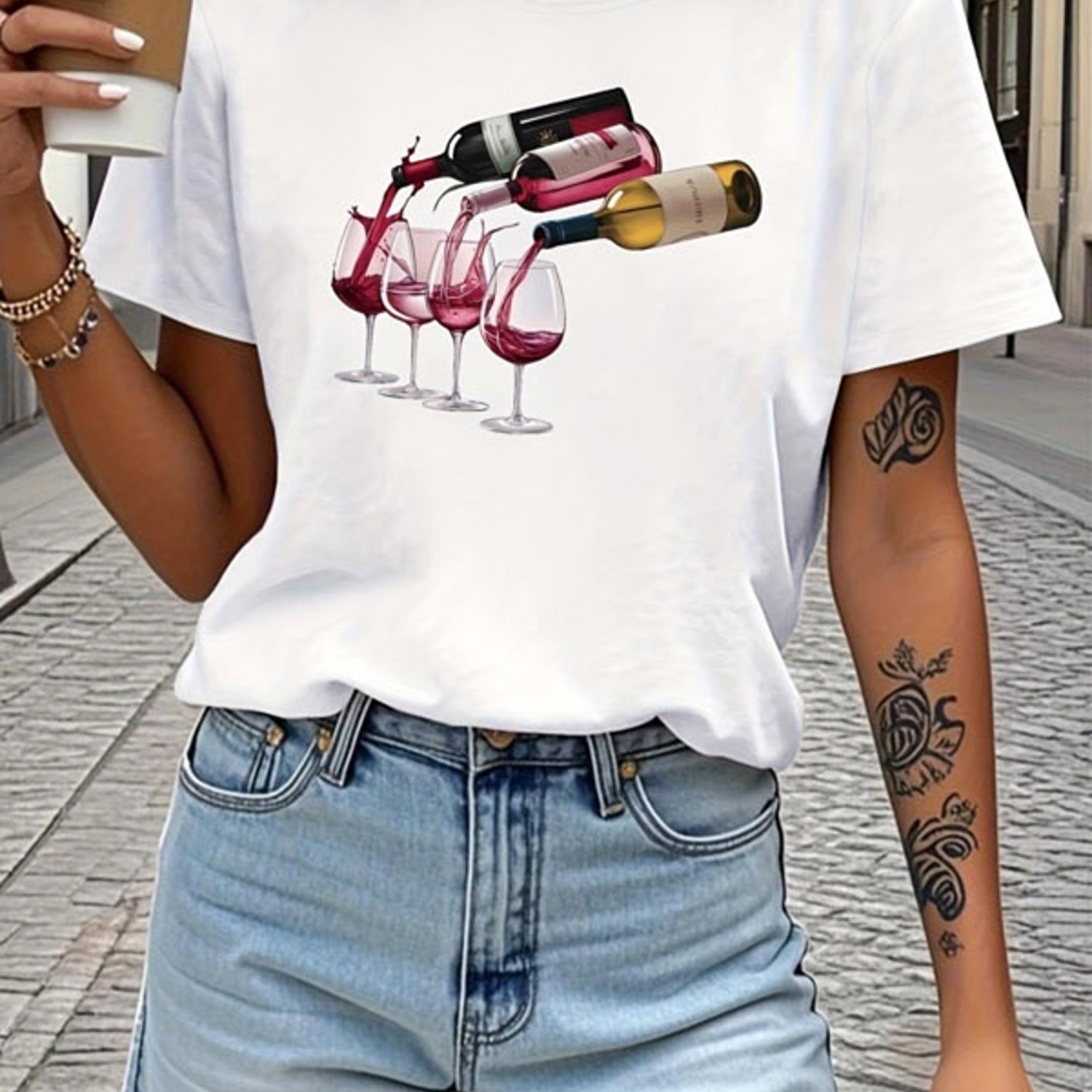 TEMU Women' Graphic T-shirt, Wine Bottles And Glasses Print, Fabric, Multiple Sizes , Casual Urban Style, Comfortable Daily Wear, Trendy Fashion Top