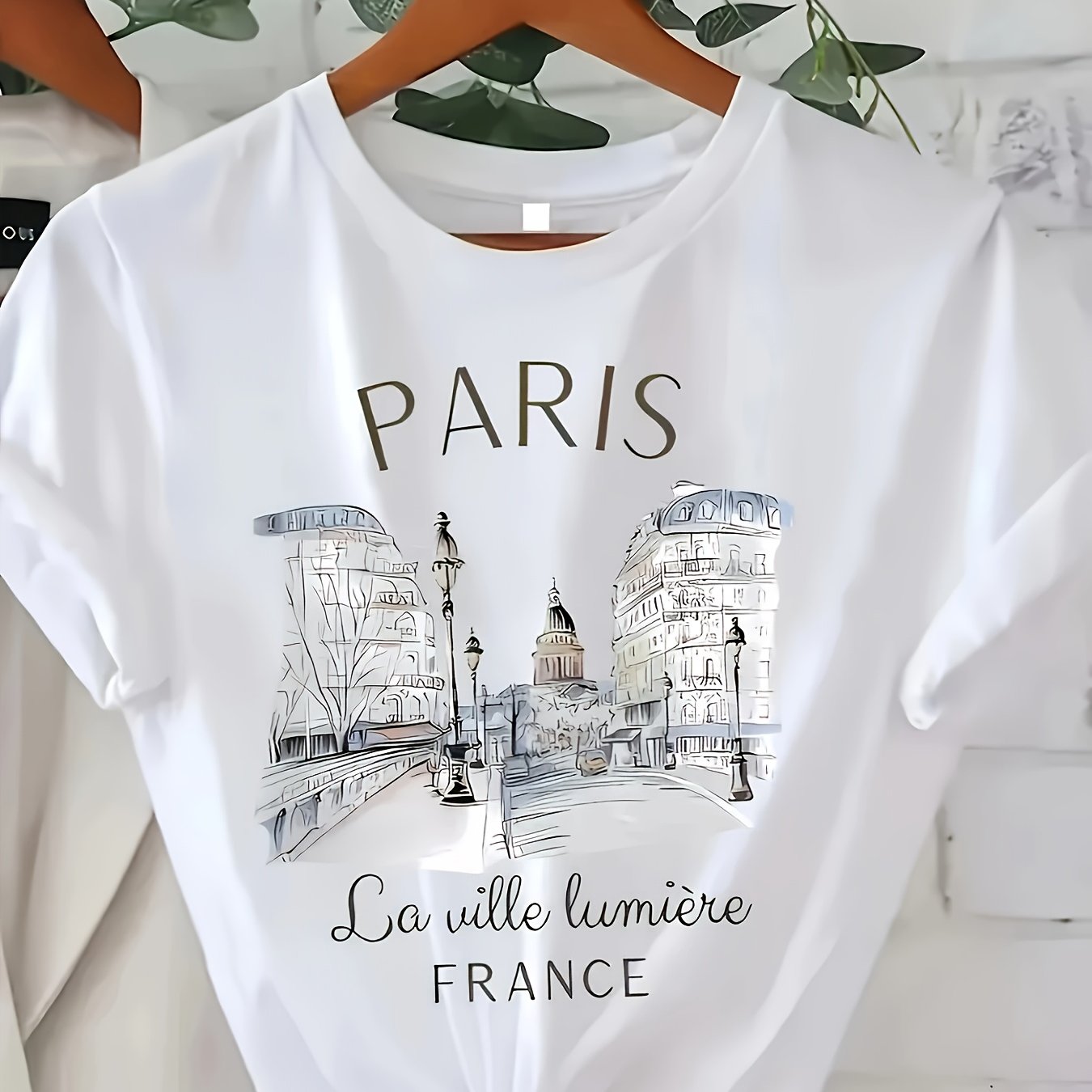 TEMU Women's Parisian Style Printed T-shirt - White Casual Short Sleeve Crew Neck Top, And "light Of France" Design, Machine Washable , Tee, Parisian