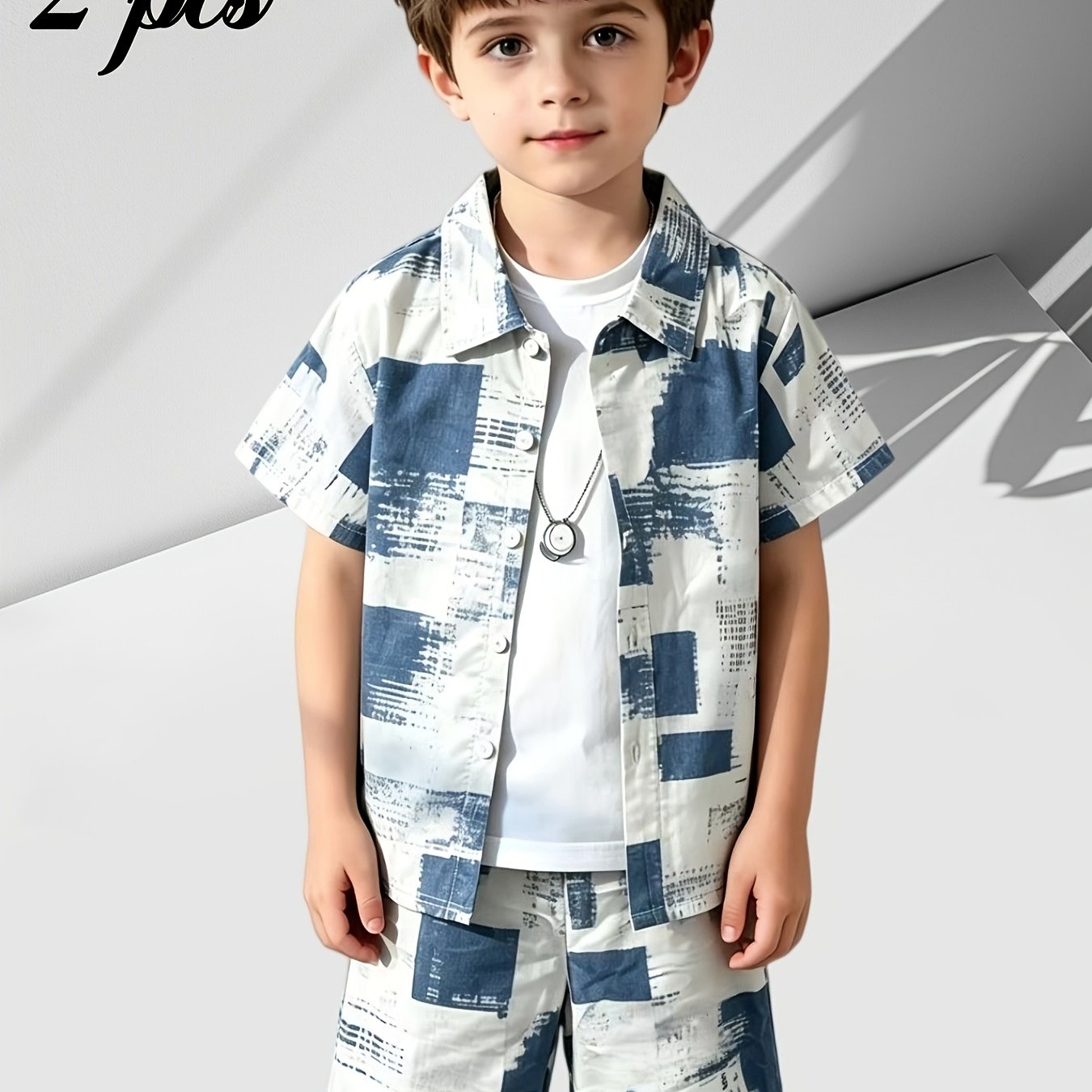 Image of 1 Set Of Boys' Summer Fashion New Outfit, Lapel Short-sleeve Shirt + Shorts. Suitable For School, Daily Life, Leisure And Sports Wear, Breathable, Fresh And Casual Suit., Perfect For Outdoor