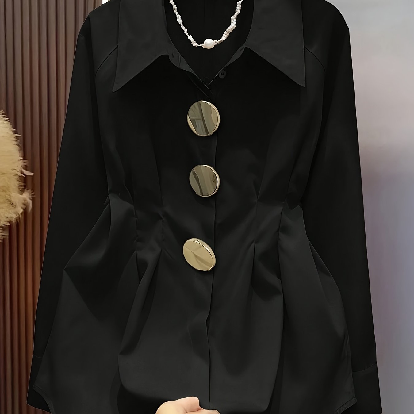 TEMU ASD1 Chemise à et Taille Évasée Femme, Design Tendance, Grandes Boutons Métalliques, Manches Longues pour