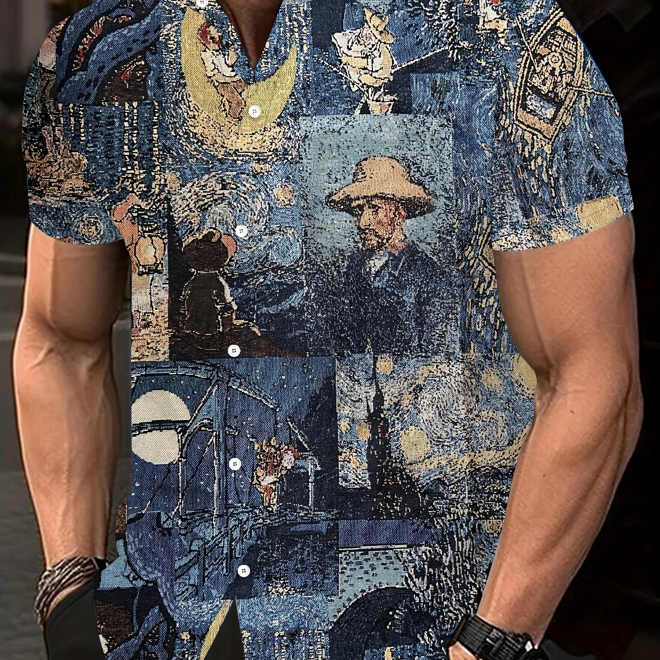 TEMU Men's Van Gogh Element Print Short-sleeve Shirt, Suitable For Beach And Outdoor Activities, Machine Washable Regular Fit, Summer Casual Wear |