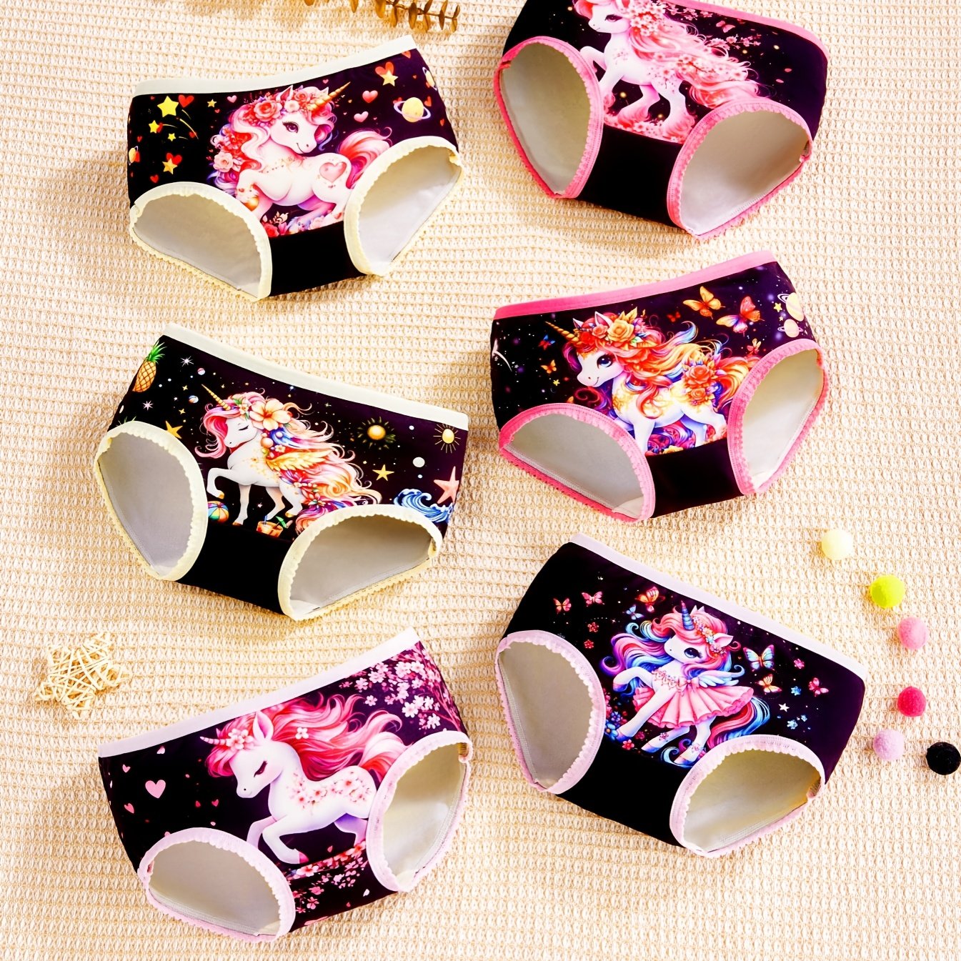 Image of 6 Unicorn Printed Panties - Soft And Comfortable Underwear, Suitable For Daily Wear, Breathable, , Colorful Design Suitable For Little Princesses, Suitable For Underwear Of , Suitable For 3 Years Old