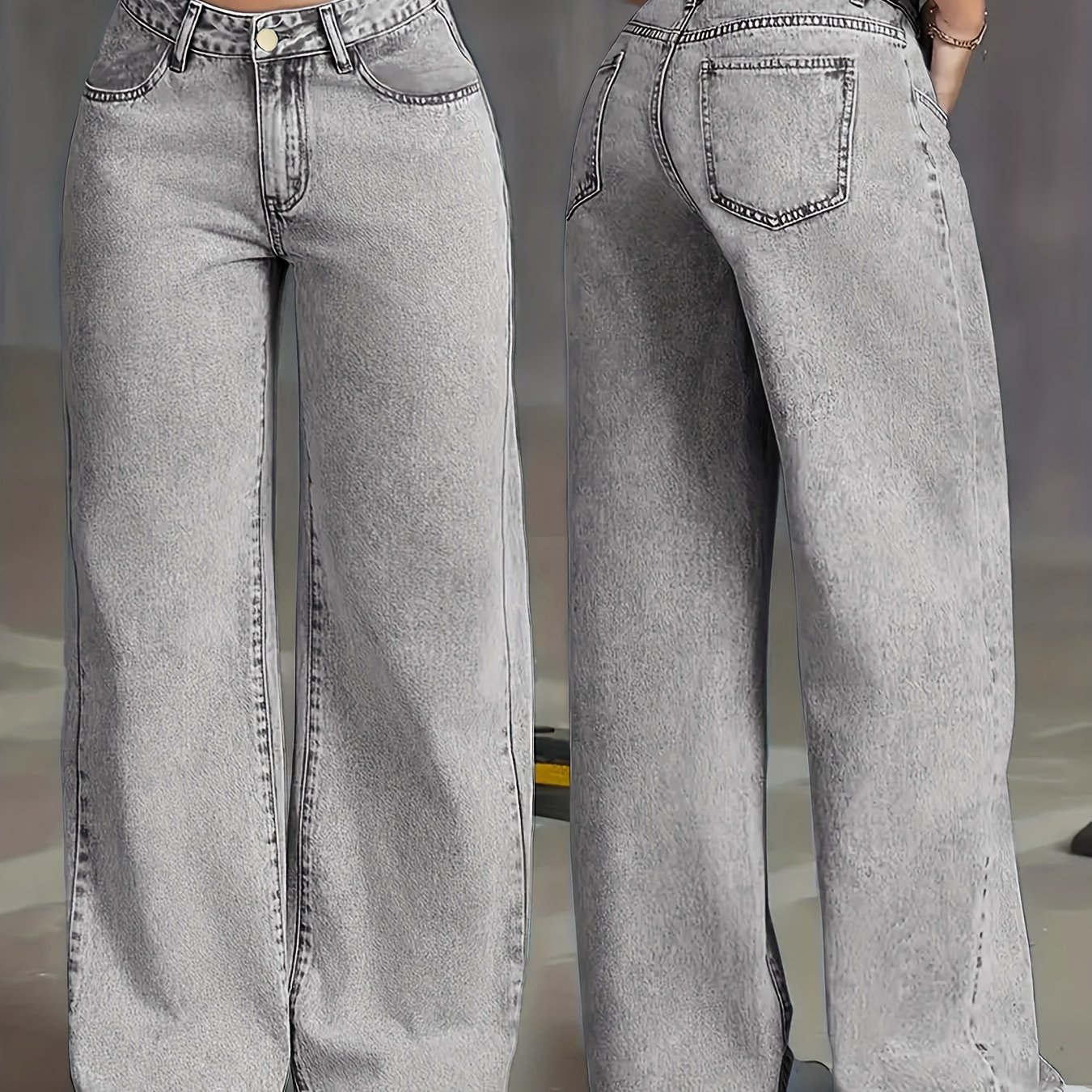 Image of Women's 2026 Straight Jeans, Wide-leg Jeans With Pockets, Washed Grey Color Denim Trousers, High-waisted Tummy-control Pantalones, Elegant Ladies' Outfit, Loose Casual Pants , Travel And Office Wear.