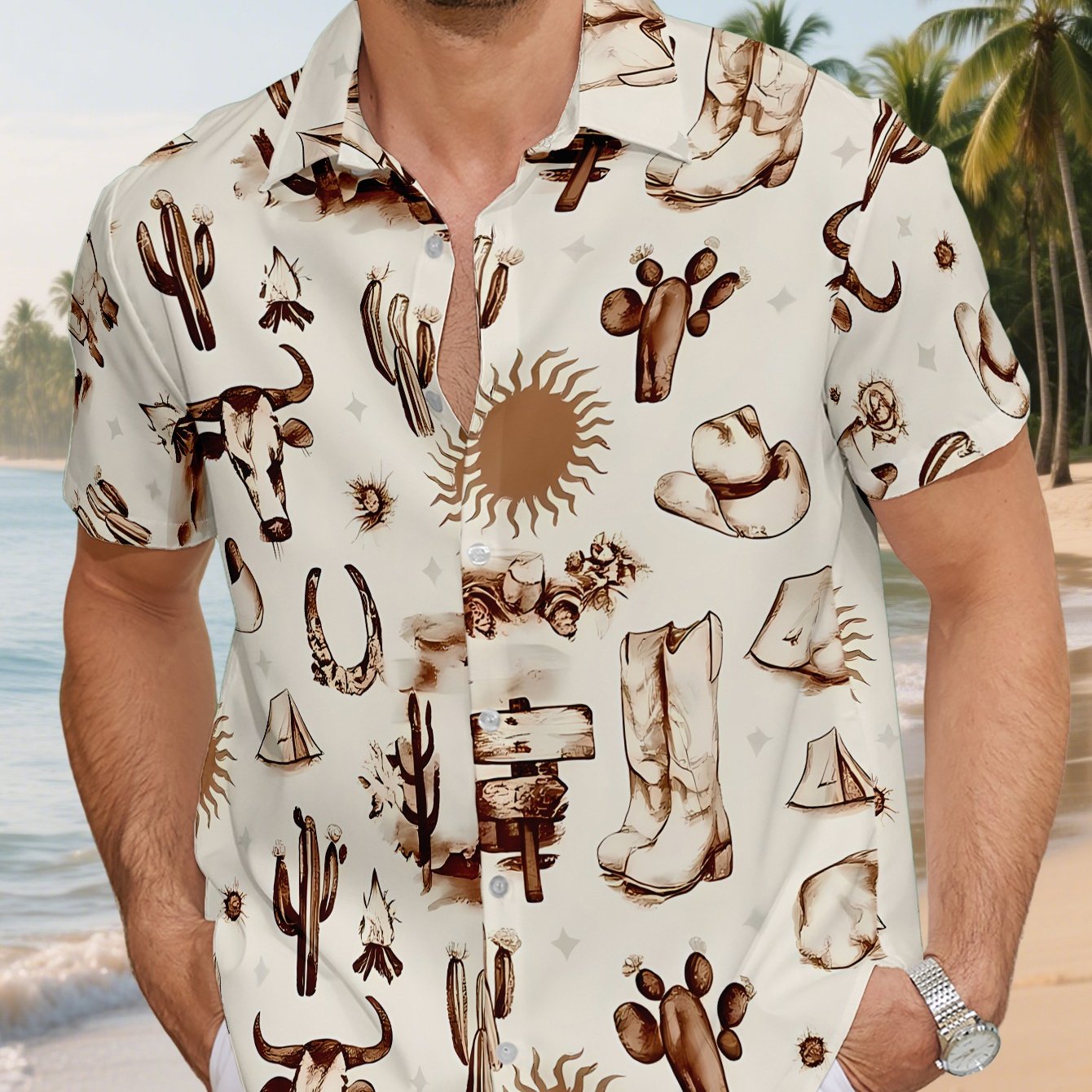 TEMU This Is 's Casual Short-sleeve Beach Shirt Featuring Western Elements 's Head, Boots, , And Tents. It's A Breathable Hawaiian Shirt Suitable For