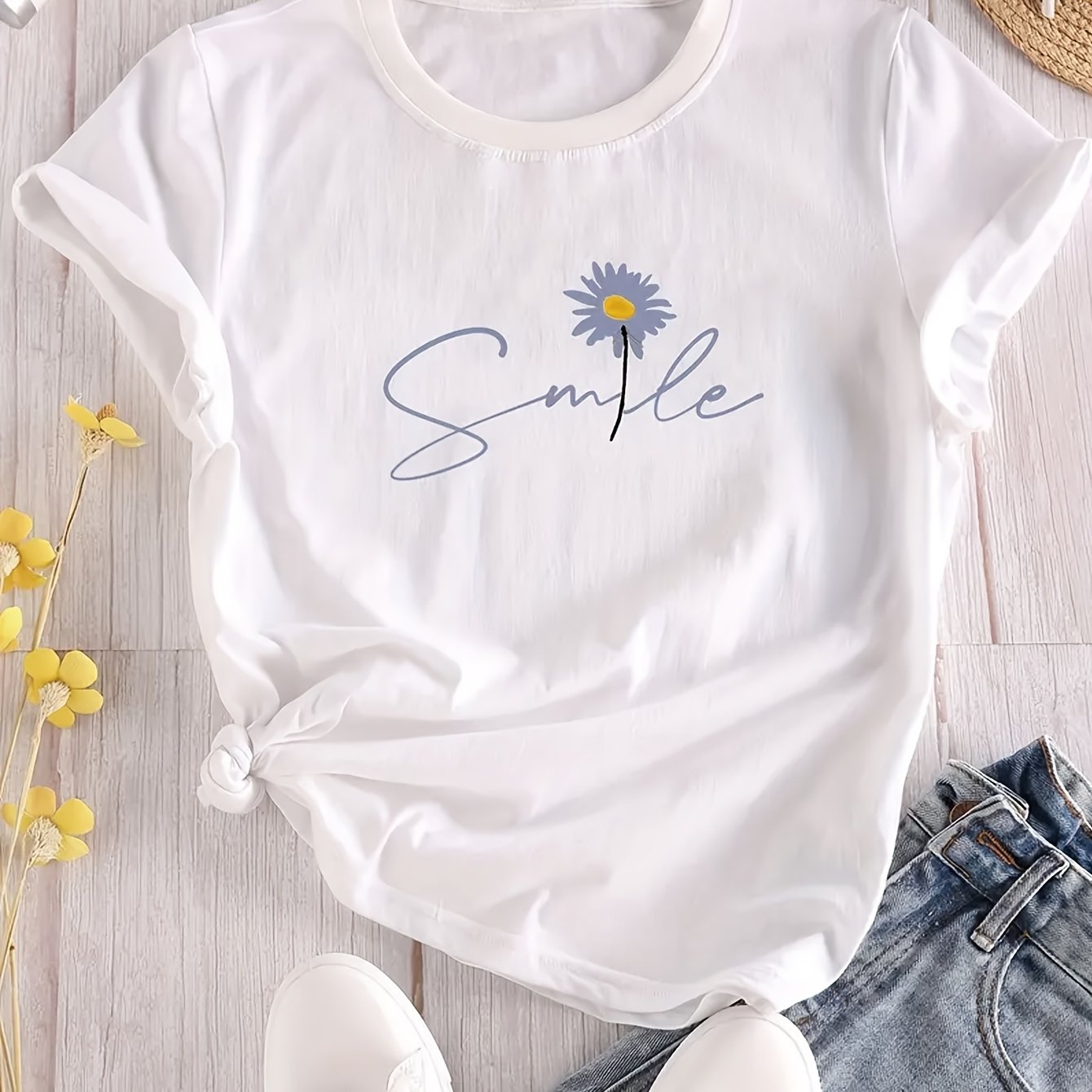 TEMU Spring And Summer Women's Casual Short-sleeve T-shirt With Floral And Letter Print Round Neck Design.