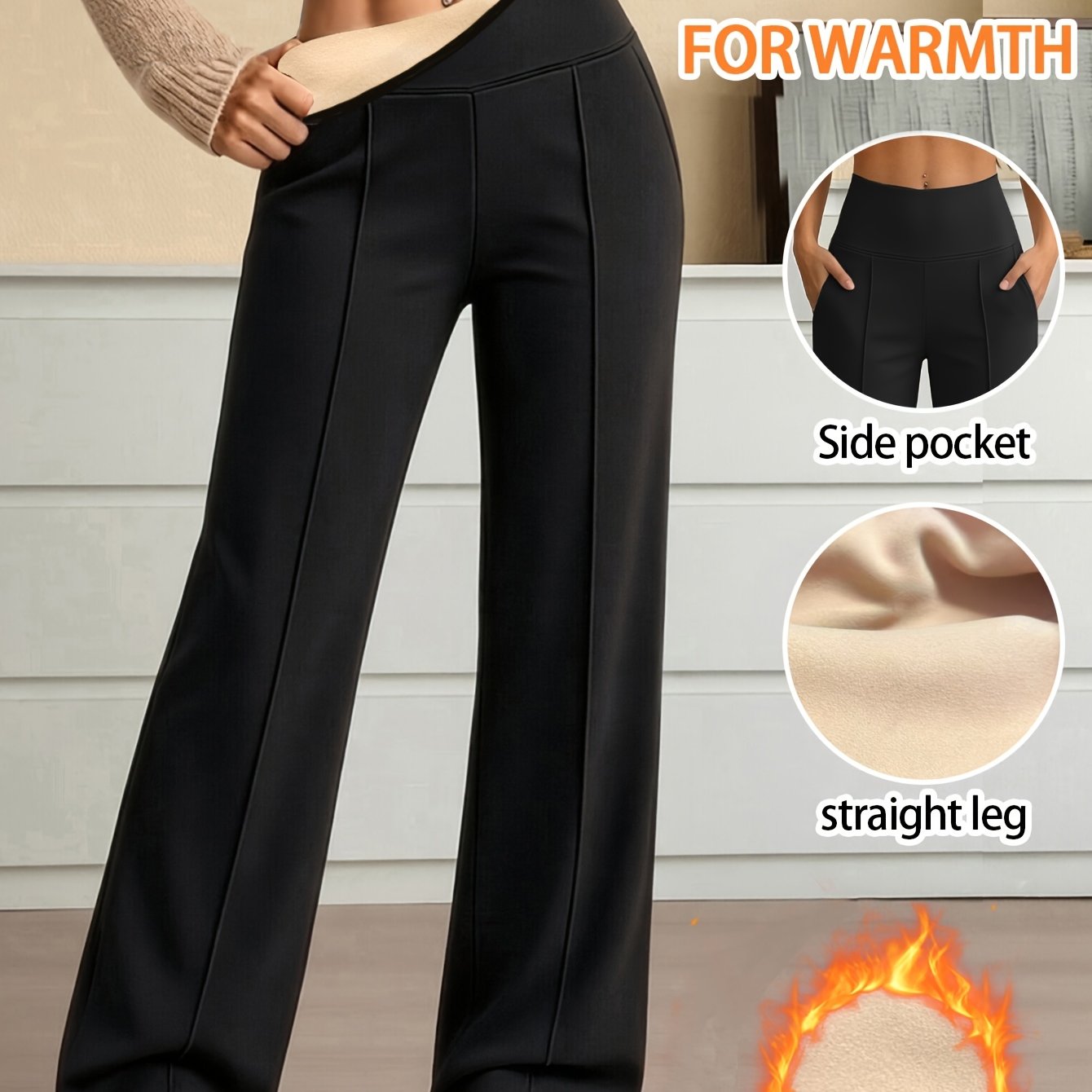 TEMU Winter -lined Thickened Women's High-waist Straight-leg Pants With 2 Pockets, Draped Slim-fit Stretchy Wide-leg Trousers For Running, Fitness,