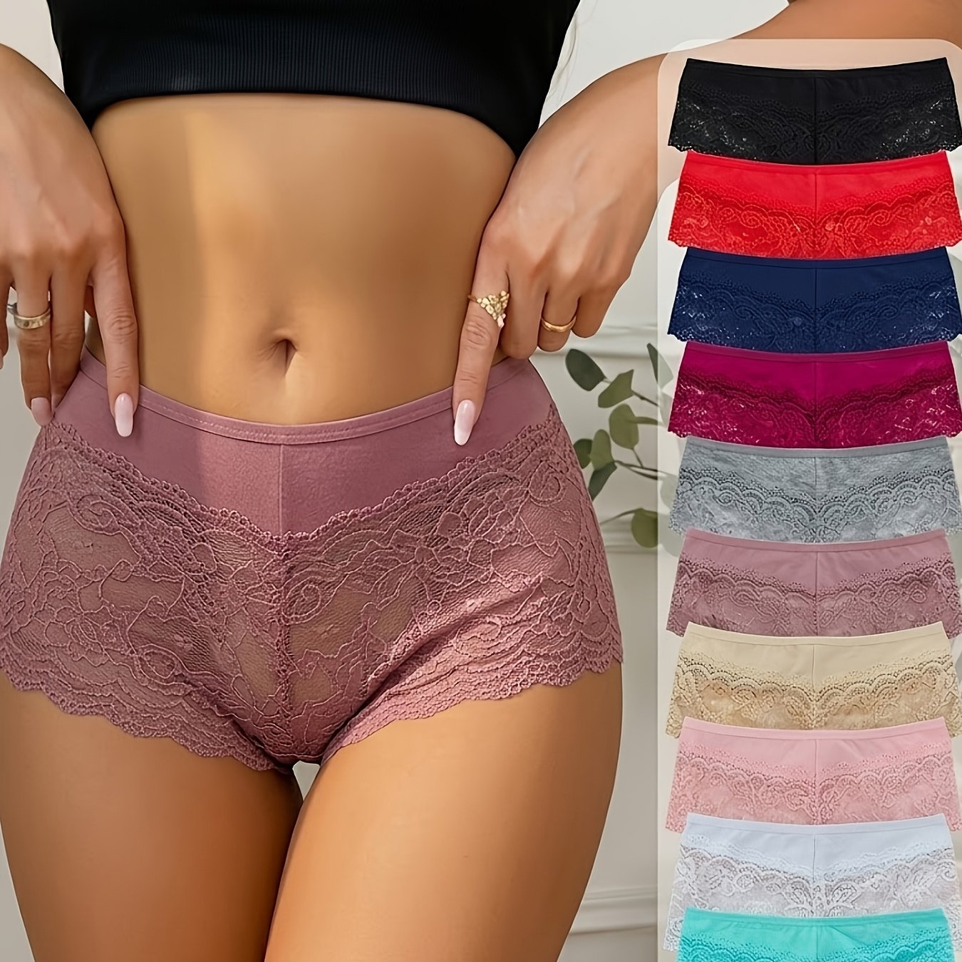 Image of 10pcs Floral Lace Boyshorts, Sexy Comfy Breathable Stretchy Intimates Panties, Women's Lingerie & Underwear