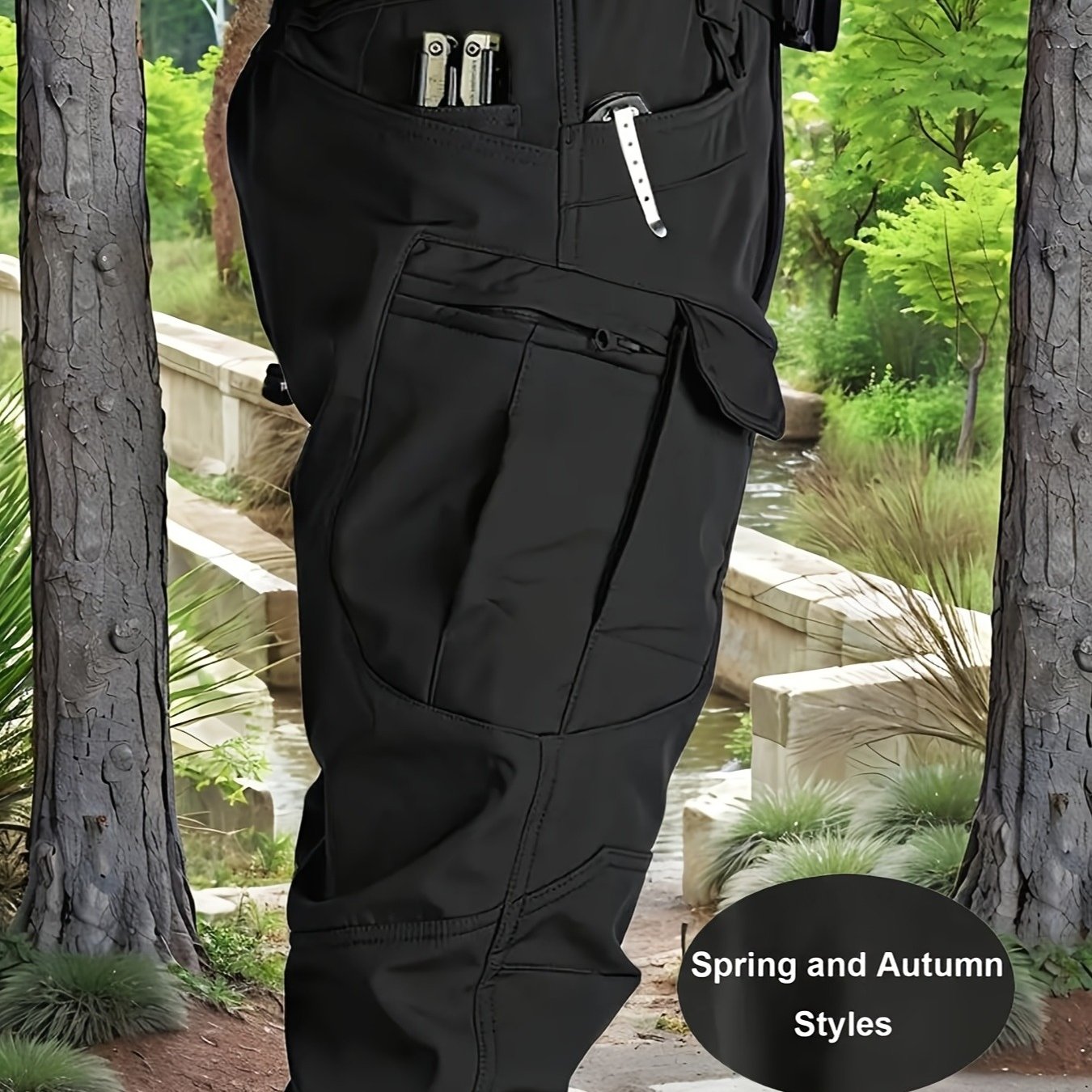 TEMU Men's Tactical Cargo Pants - Spring And Autumn Regular Fit, Durable And Wear-resistant Fabric, Multiple Pockets With Adjustable Waist, Ideal For