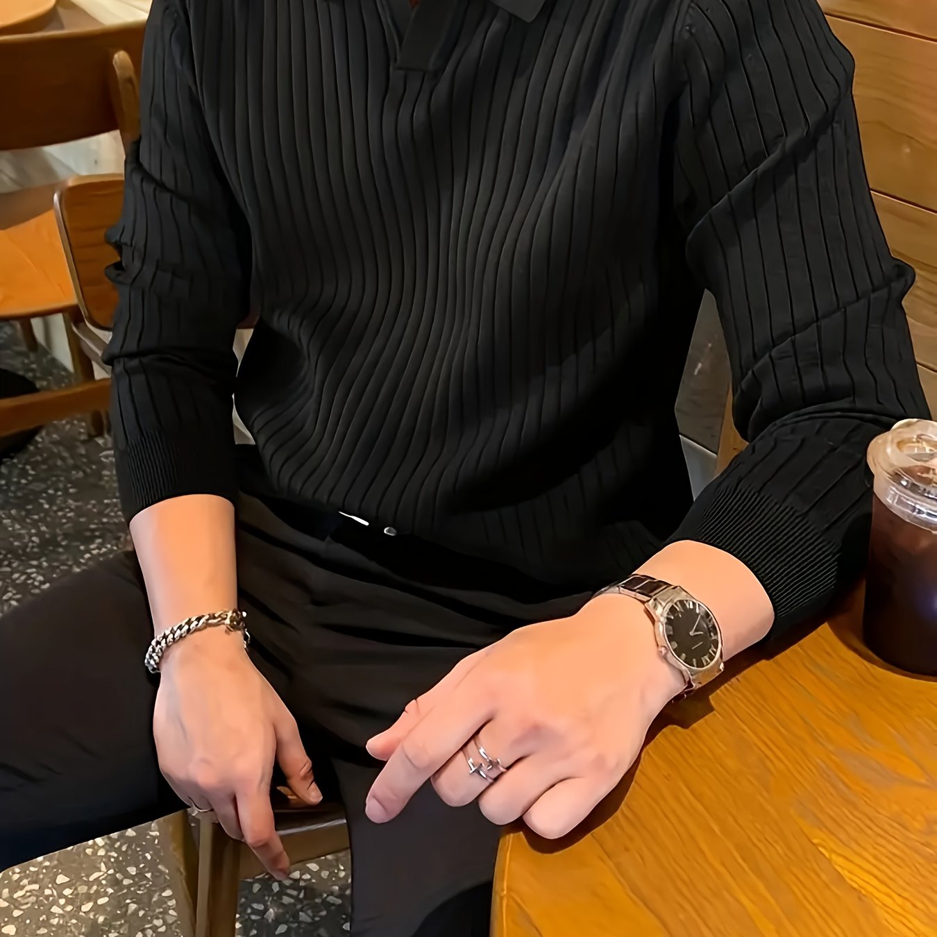 [ Obm] Men's Fashion New Style Solid Color Lapel Ribbed Knit Long Sleeve Pullover Sweater