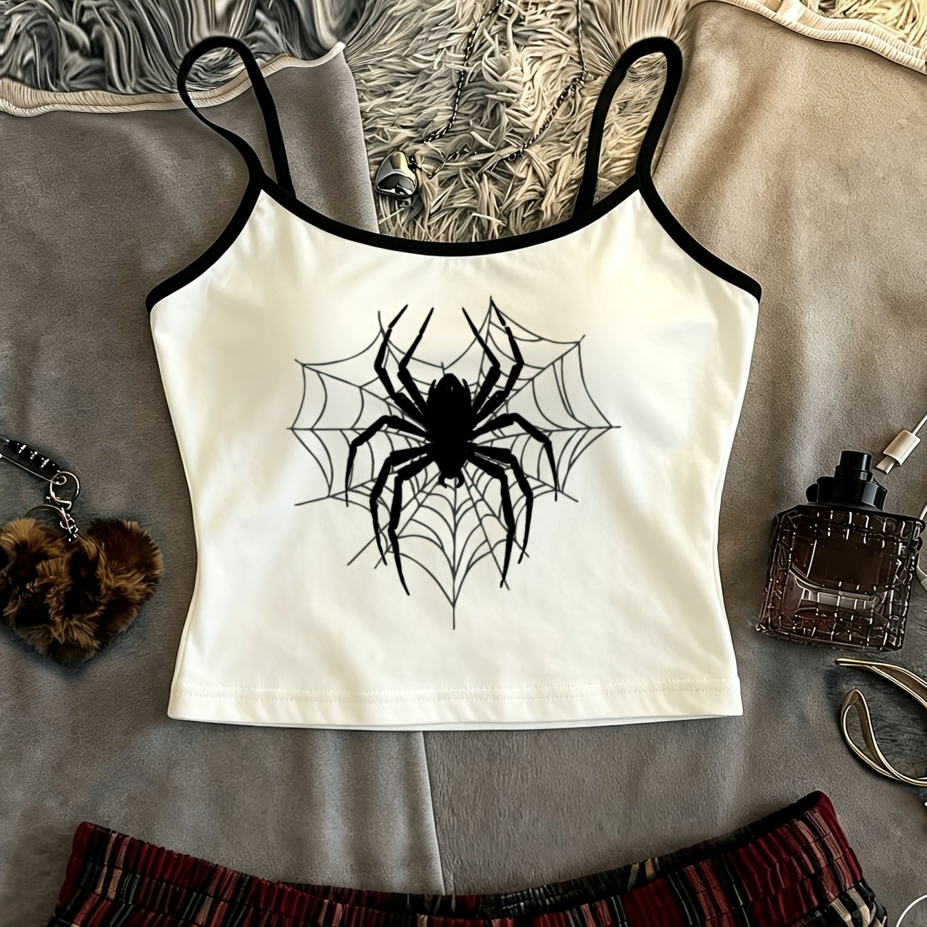 TEMU Western Ins Vintage Individual Fun 1pc Women's Casual Color-block Cami Y2k Sense Easy Niche Black Realistic Spider And Web Print, Dark Asian