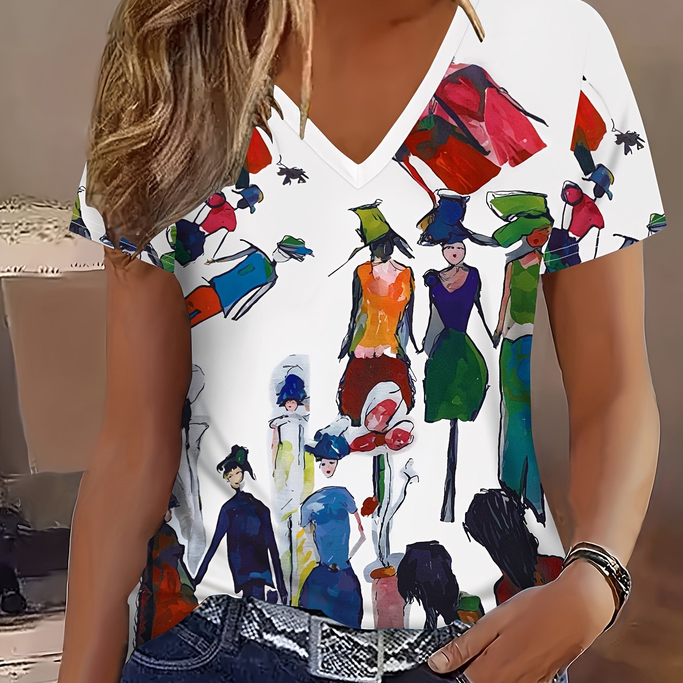 E-shop 2D-Druck Elegantes Urlaubs-Abstraktgemälde Verlauf Tie-Dye Porträt Grafik Ganzkörperdruck Atmungsaktives V-Ausschnitt Kurzarm-T-Shirt Casual