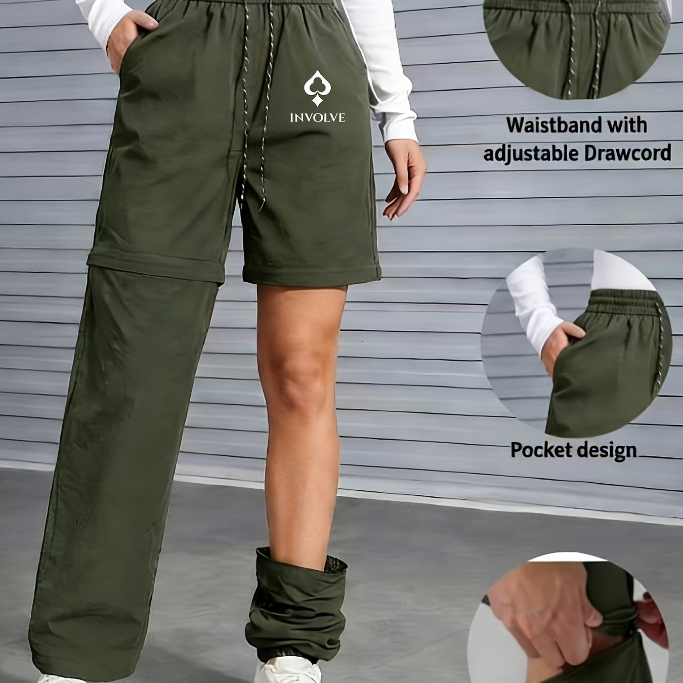 TEMU Pantalon Décontracté Femme Extérieur à Imprimé Tendance, Convertible en Short, Disponible en 3 Couleurs, Taille Élastique à Cordon, Confortable