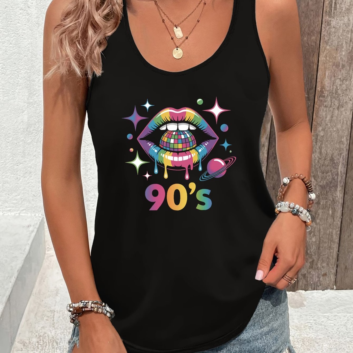 TEMU 90's Planet Print Women's Sleeveless T-shirt, Summer Western Style Retro Round Neck Vest, 90s Nostalgic Music Festival Casual Outing Versatile