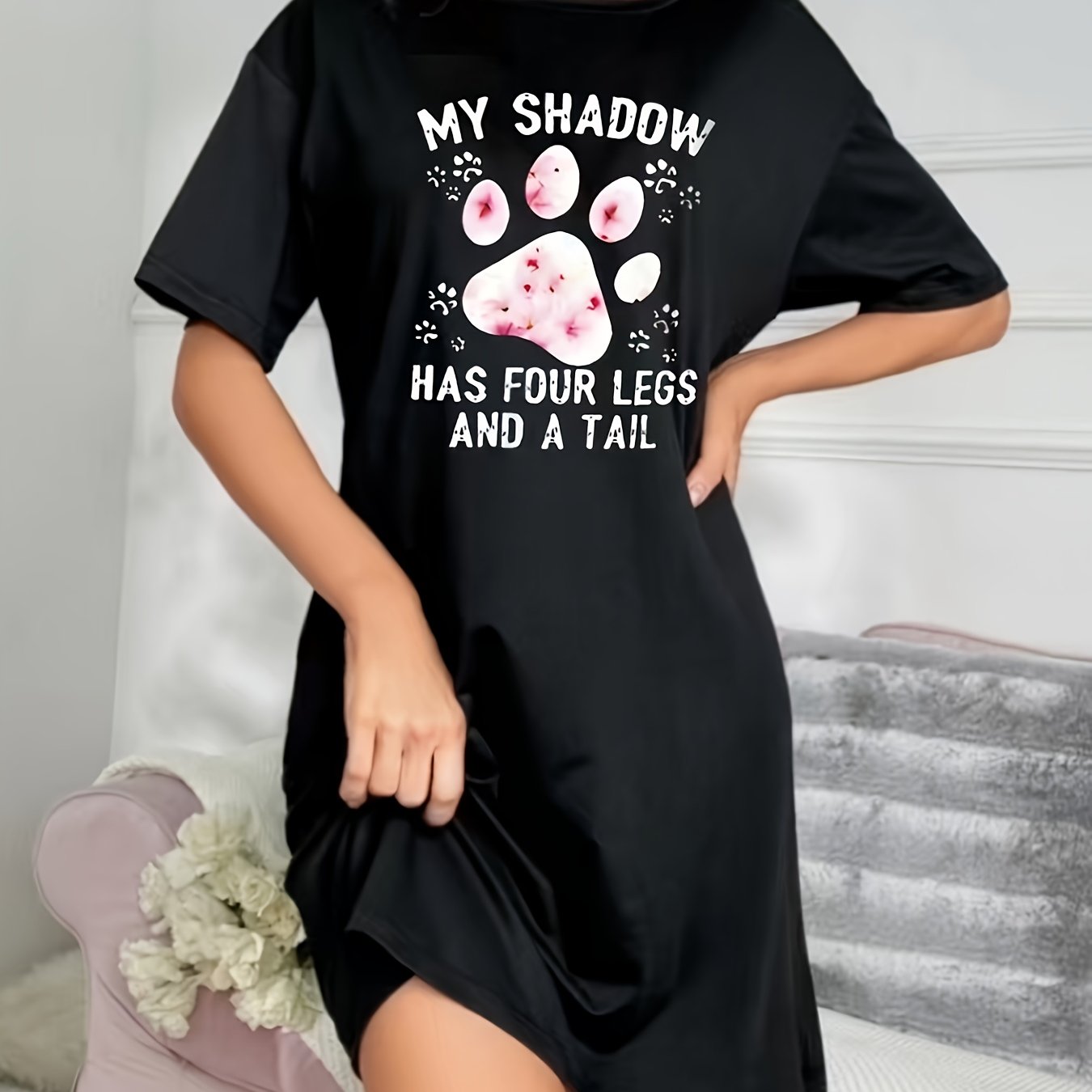 TEMU Lounge Pajamas, And Pink Cat Claw Graphic Printed T-shirt Dress Sleepwear - Casual Round Neck, Short Sleeve, Stretch, Machine Washable -
