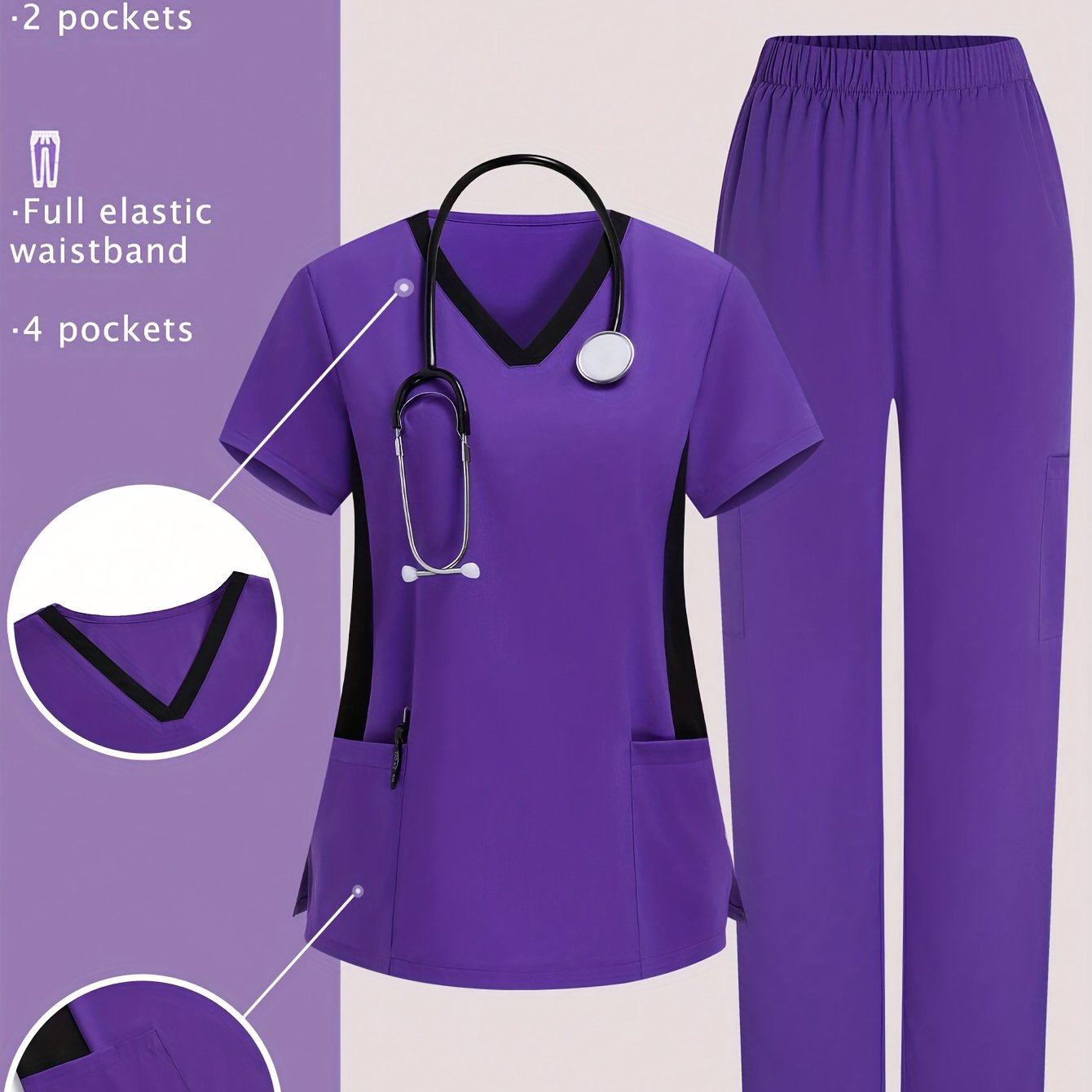 TEMU Taskfit Contrast Color V-neck Scrubs Top And Pants, Uniform Set