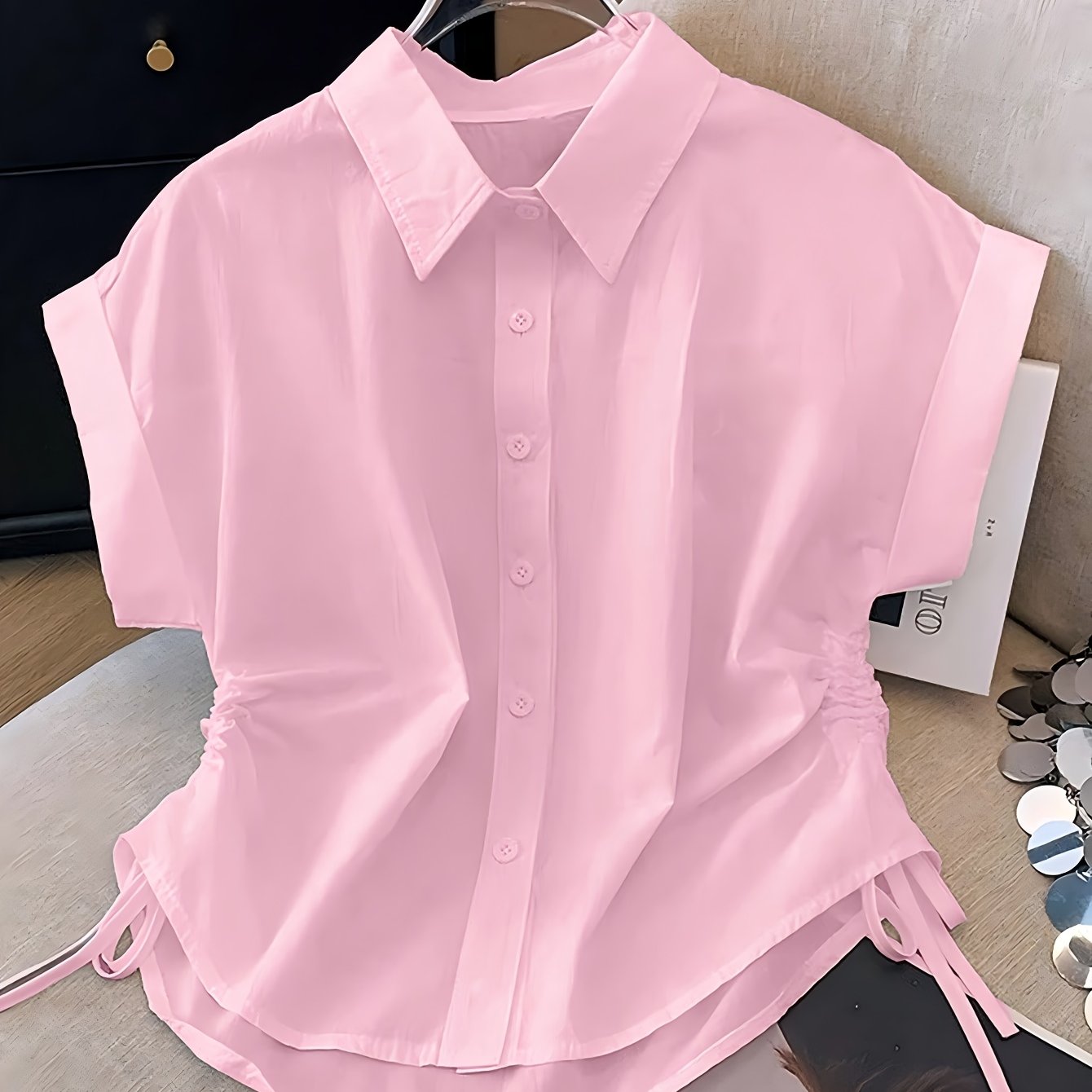 TEMU Women's Casual Short-sleeve Single-breasted Button-up Short Shirt With Drawstring, Simple Loose For And Commuting, Suitable For Summer
