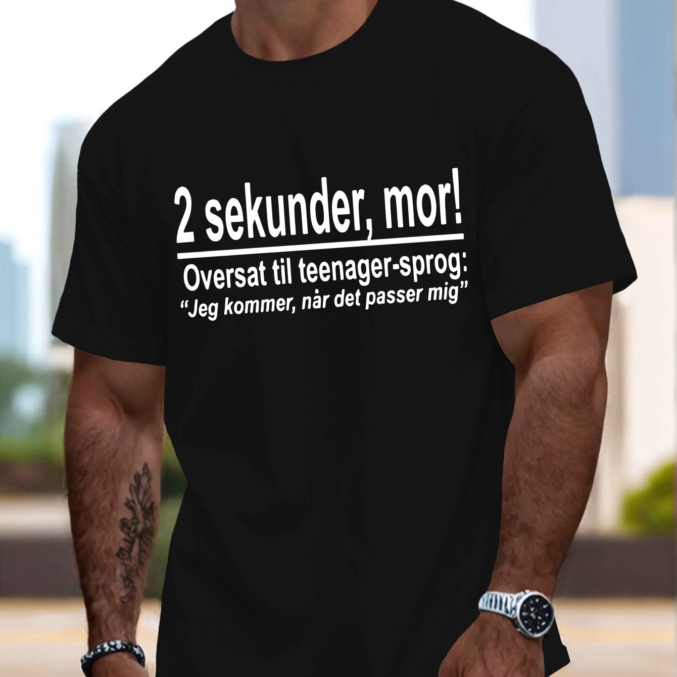 TEMU Funny Danish Text Men's Short Sleeve T-shirt - Lightweight Polyester, Round Neck, Regular Fit, Casual Summer Top For Casual Attire, Humorous