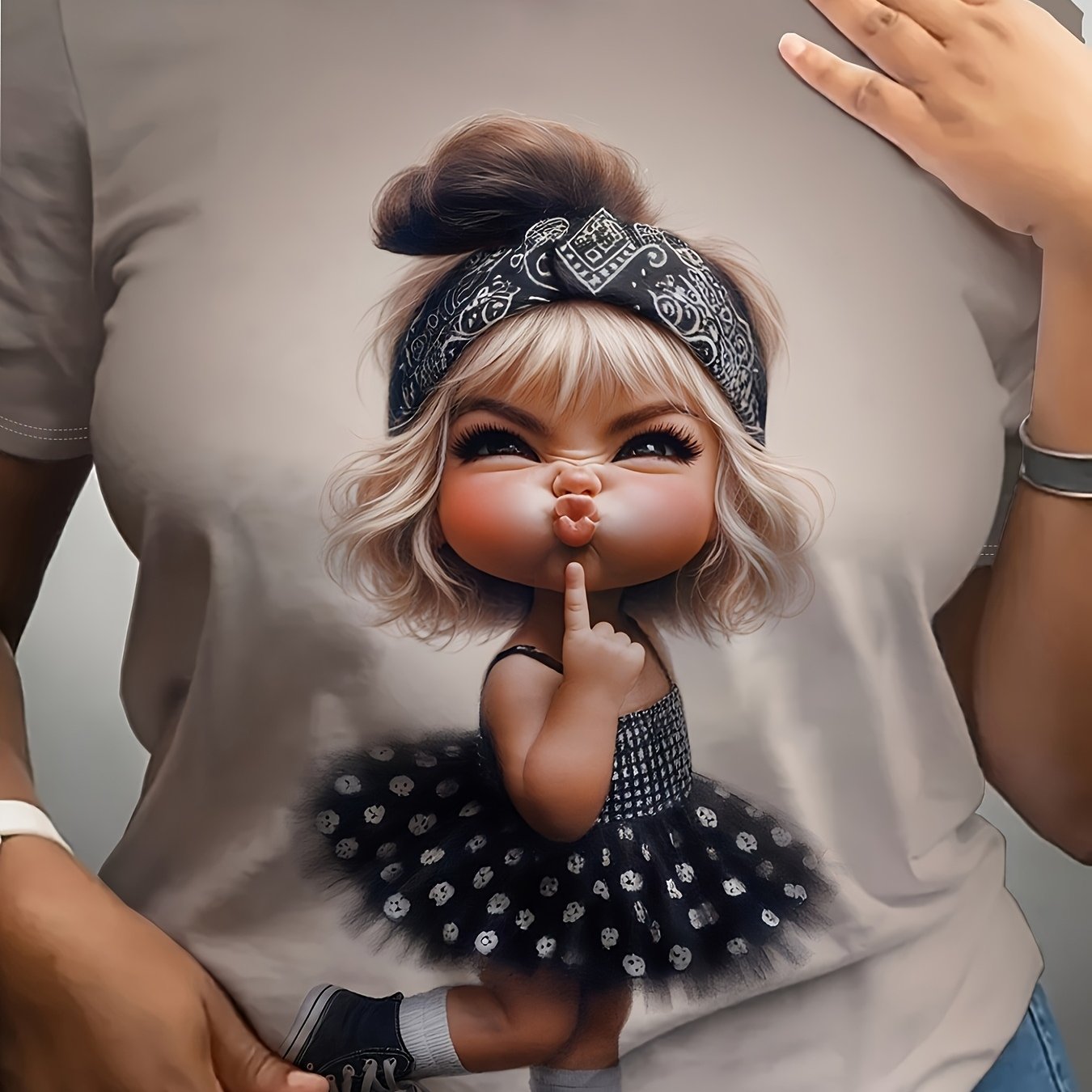 Image of Large-sized Women's Casual Round-neck T-shirt, Cute Little Pattern Printed Top, Machine-washable And Easy-to-care Polyester Fabric, Casual And Comfortable