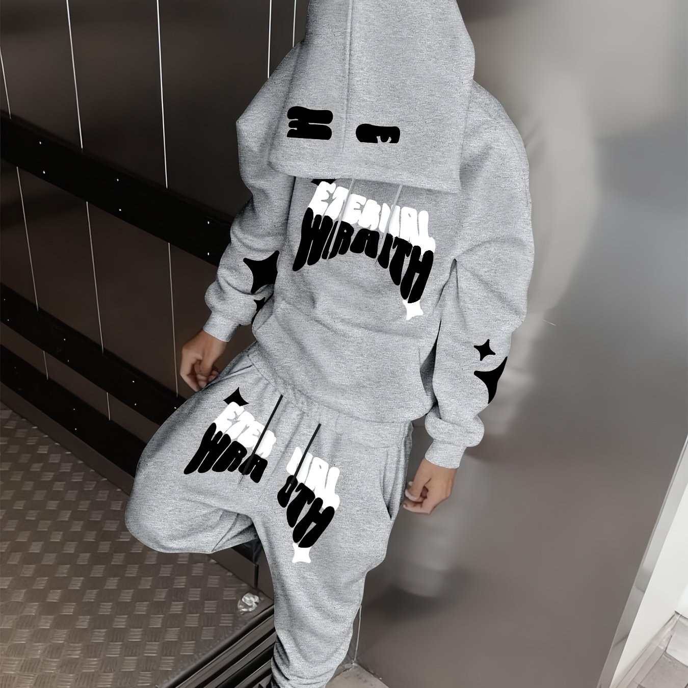 TEMU Men's Casual 2pcss Letter Star Pattern Print Drawstring Pocket Hoodie And Drawstring Outdoor Casual Athletic Long Pants Set 2pcss