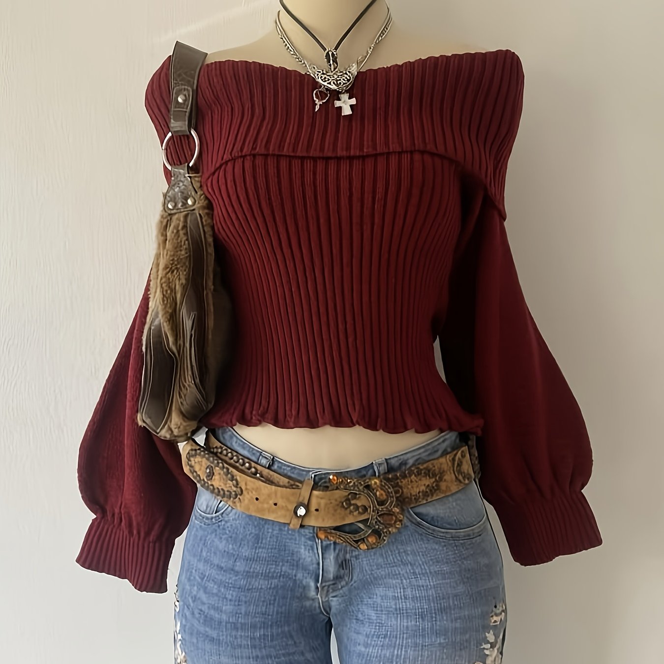E-shop Damen Pullover, Modisches Elegantes Casual Langarm Off-Shoulder Top für Frühling, Herbst, Weihnachten, Neujahr Winterferien
