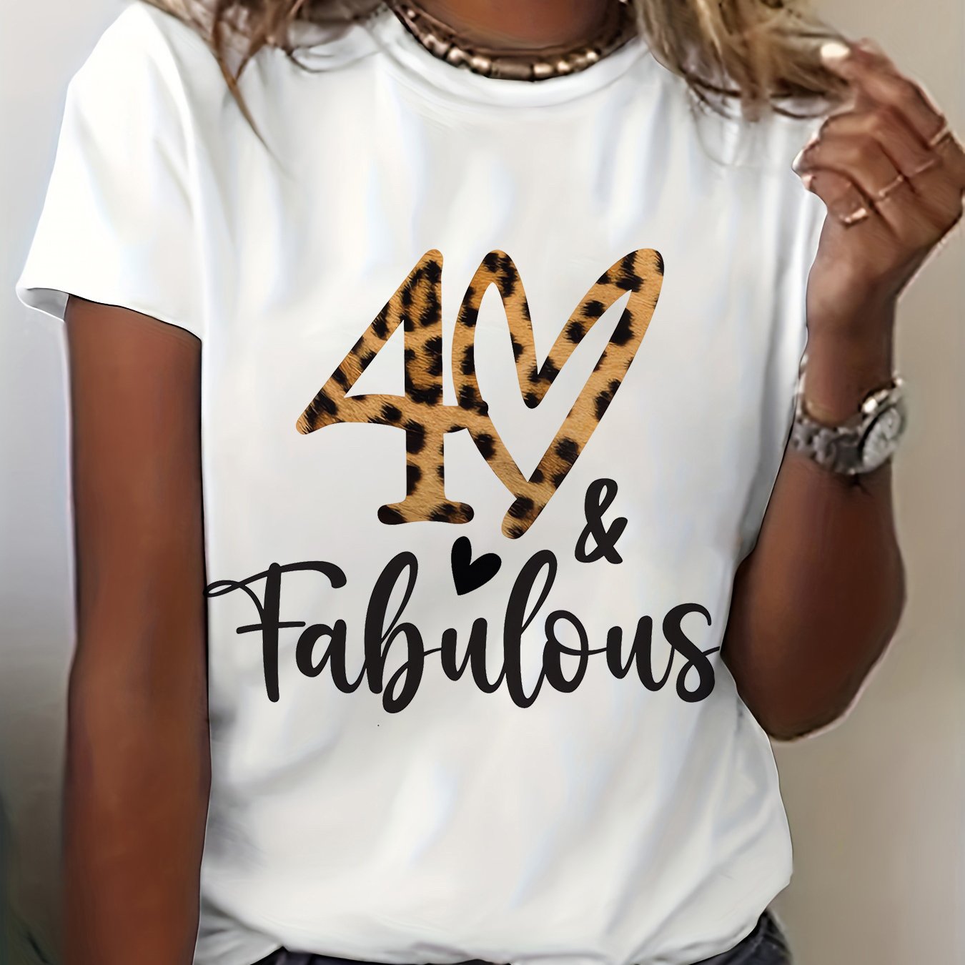 Image of Women's 40th Birthday T-shirt - Fabulous Leopard Print & "40" Number Outfits Suitable For Summer & Spring Parties, Casual Crew Neck Short Sleeve Top, Birthday Outfits For Women