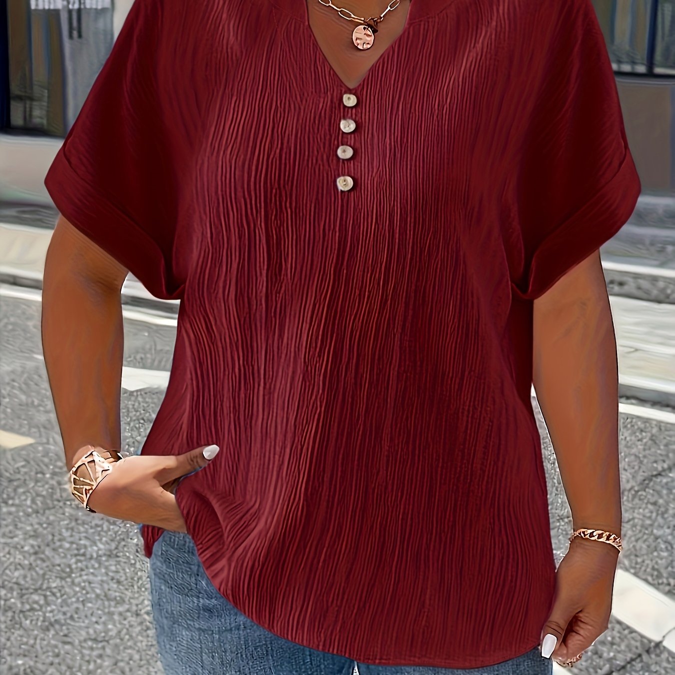 TEMU Plus Size - Plus Size - Plus Size Women's V-neck Button-up Shirt With Short Sleeves, Featuring A Loose And For Comfortable Everyday Wear