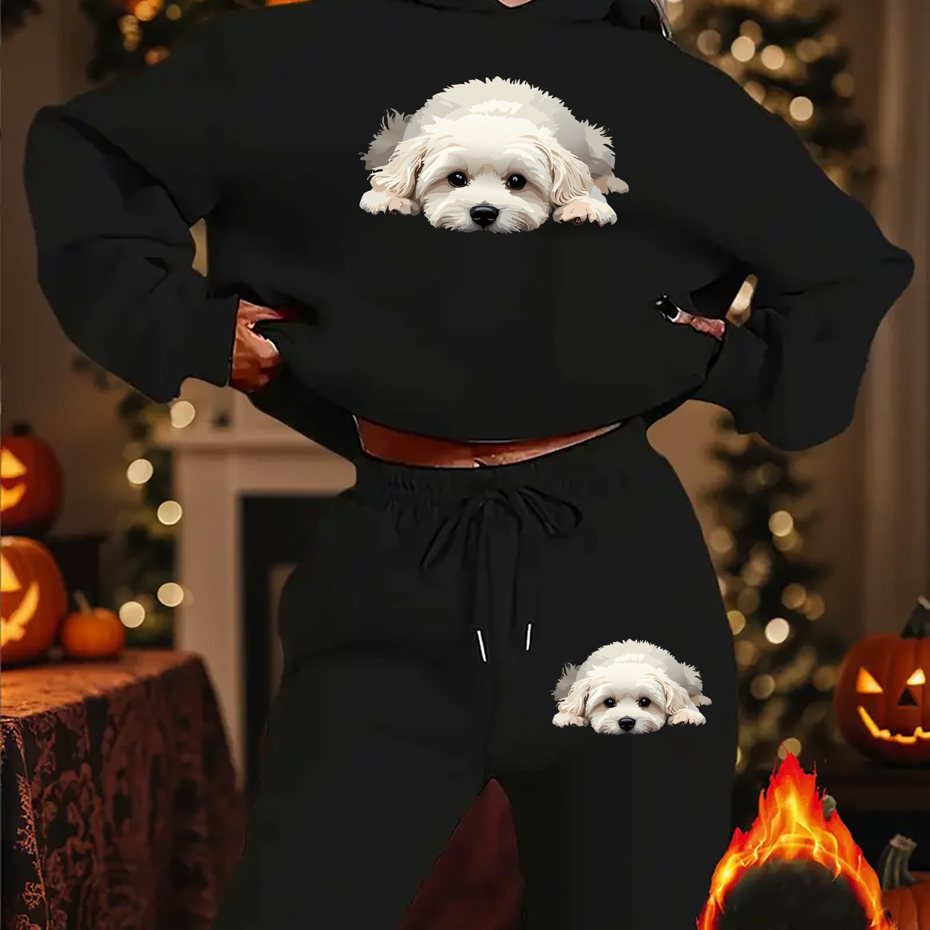 TEMU 2pcs Fashion Women's -lined Hooded Sweatshirt And Drawstring Sweatpants Set, Polyester, Collection, , Cute Cartoon Puppy Pattern With Letter