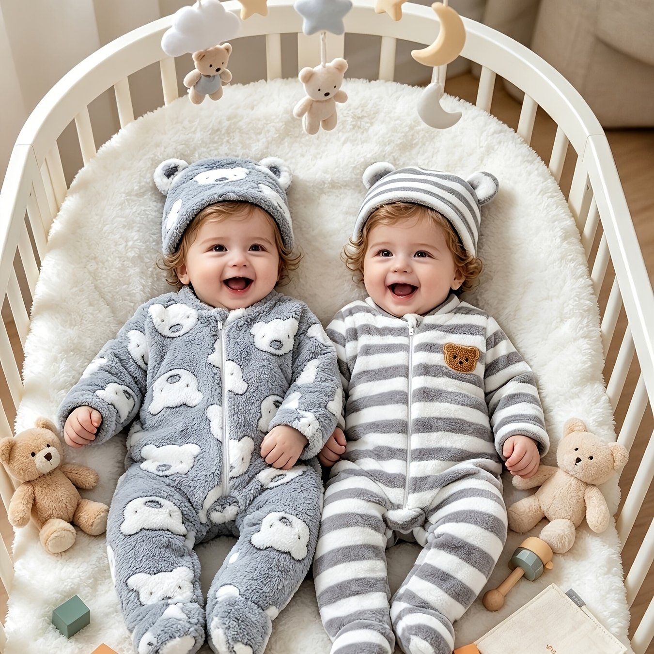 Image of New Autumn And Winter 2pcs Set Newborn Baby Boy Cute Bear And Striped Front Zipper Long-sleeved Jumpsuit + Cute Ear Hat, Soft And Warm, For Outdoor