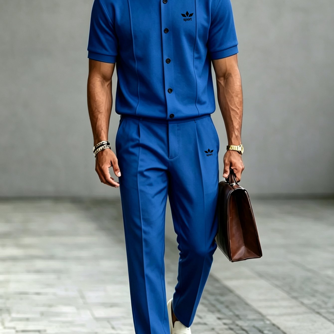 Two-piece Set: Men's Business-casual Printed Button-up Jacket (short Sleeve) With Matching Trousers - Multiple Colors , Plus Size