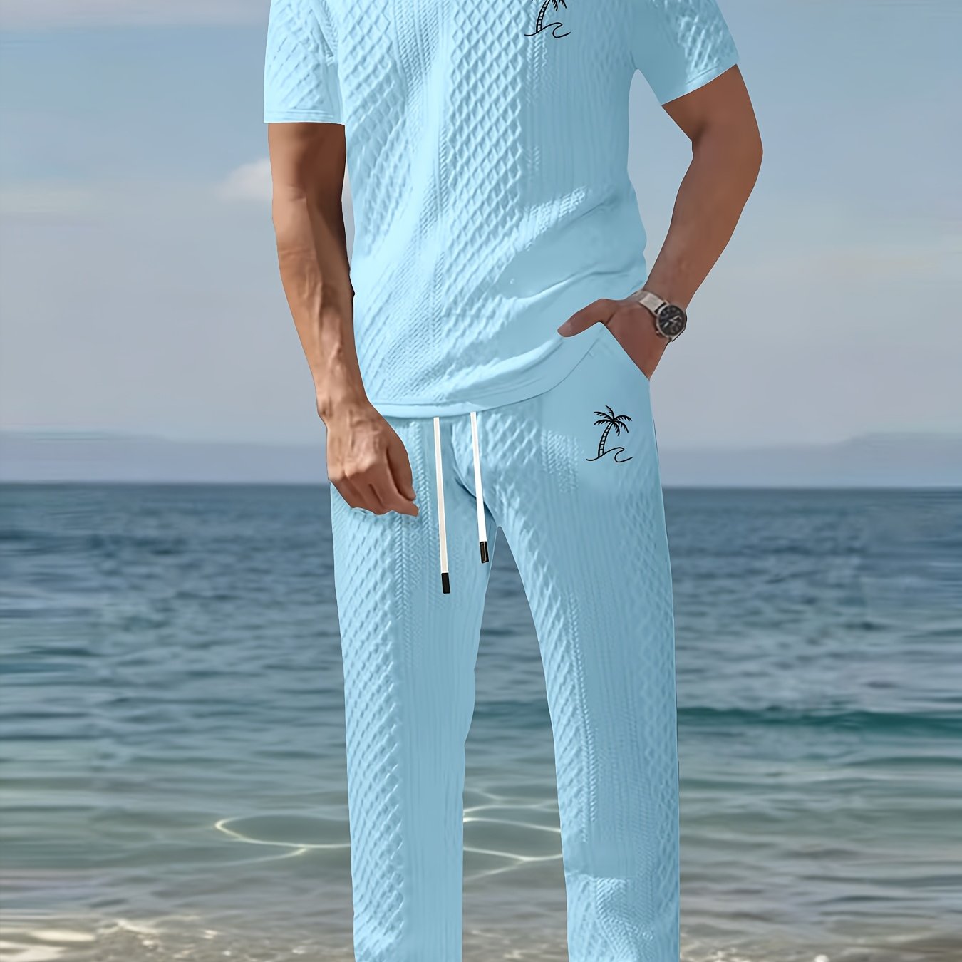 TEMU Summer Men's Textured Shirt Set With Casual Loose Straight Pants, A Trendy Sports Outfit