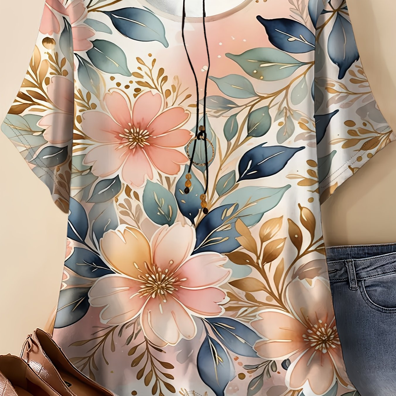 TEMU Women's Plus Size Full-body Floral Print T-shirt - Soft Pink & Gradient With Warm Orange Flowers & Foliage, Short Sleeve Round Neck Blouse For