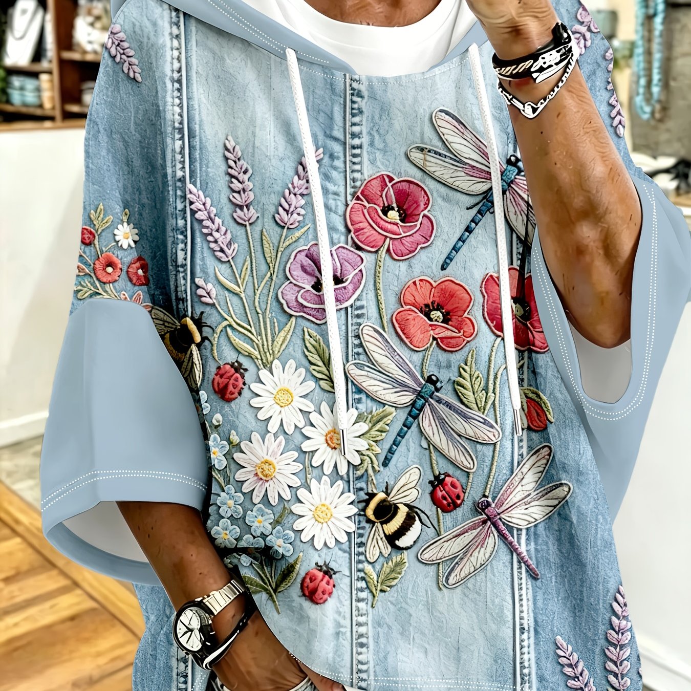 TEMU Plus Size - Printed Design Non-textured Feel. -size Off-shoulder Hoodie Features A Denim With Dragonflies, Bees, And Ladybugs Lavender, Poppies,