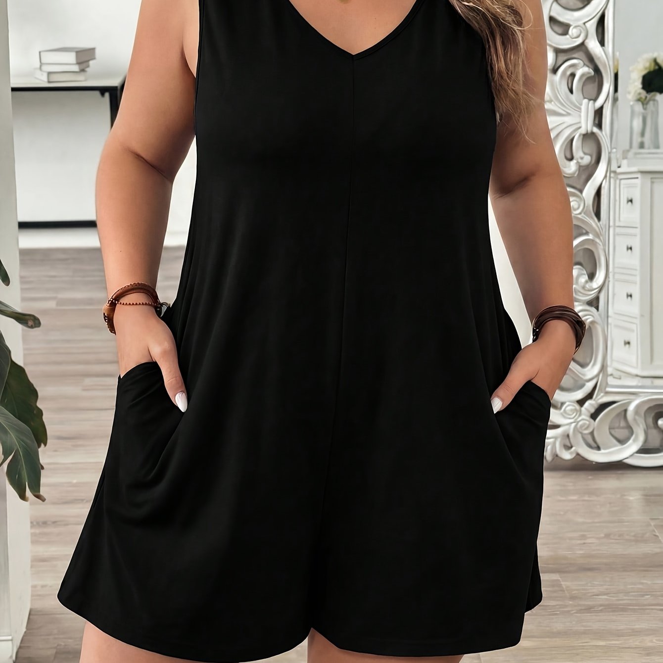TEMU Plus Size Women's V-neck Sleeveless Loose Short Romper, Solid Pocket Casual Summer Jumpsuit Shorts