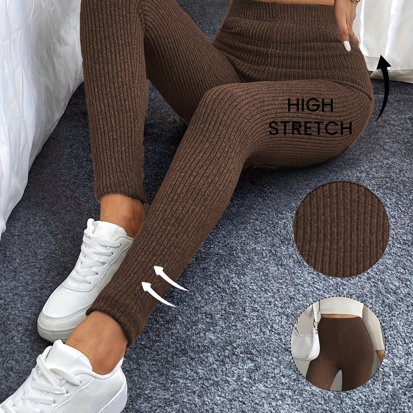 E-shop Damen-Leggings mit hoher Taille, gerippt, für Freizeit, Sport, , Laufen, alle Jahreszeiten, mittel-hoher Stretch