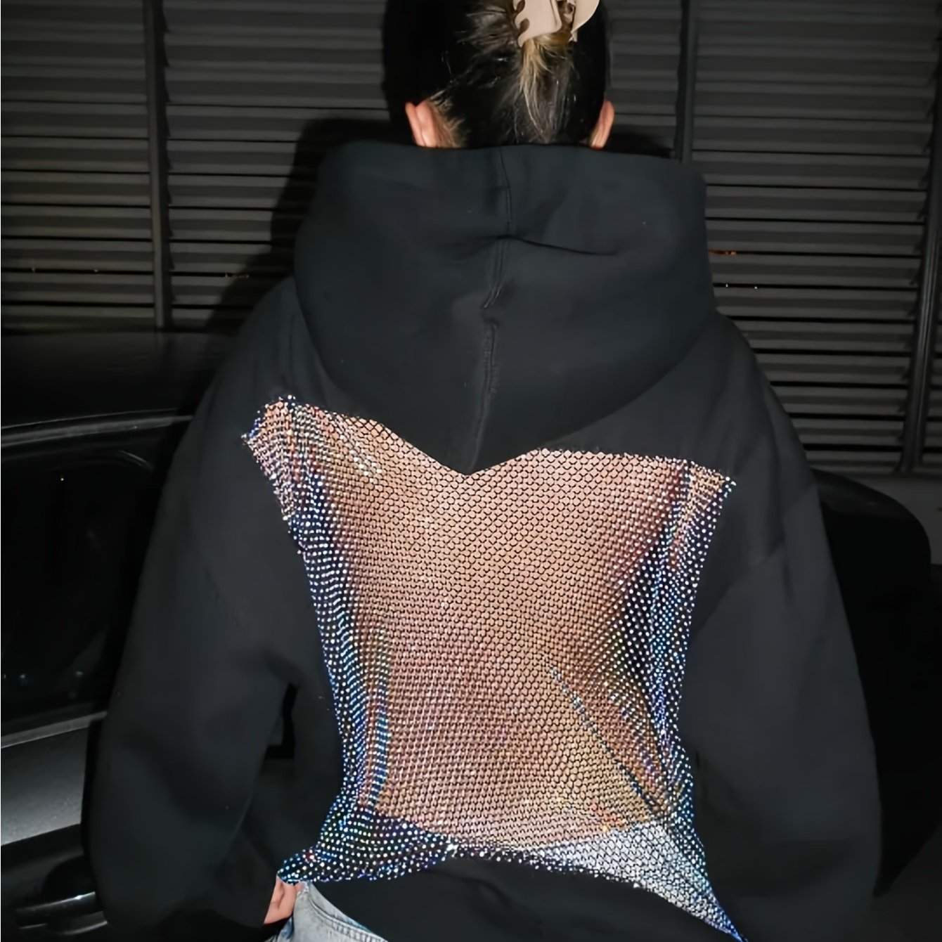 Women's Backless Mesh Hooded Sweatshirt | Geometric-pattern Winter Warm Pullover | Casual Loose Fit Layer | Fuyule Brand, Regular Fit, Long Sleeve