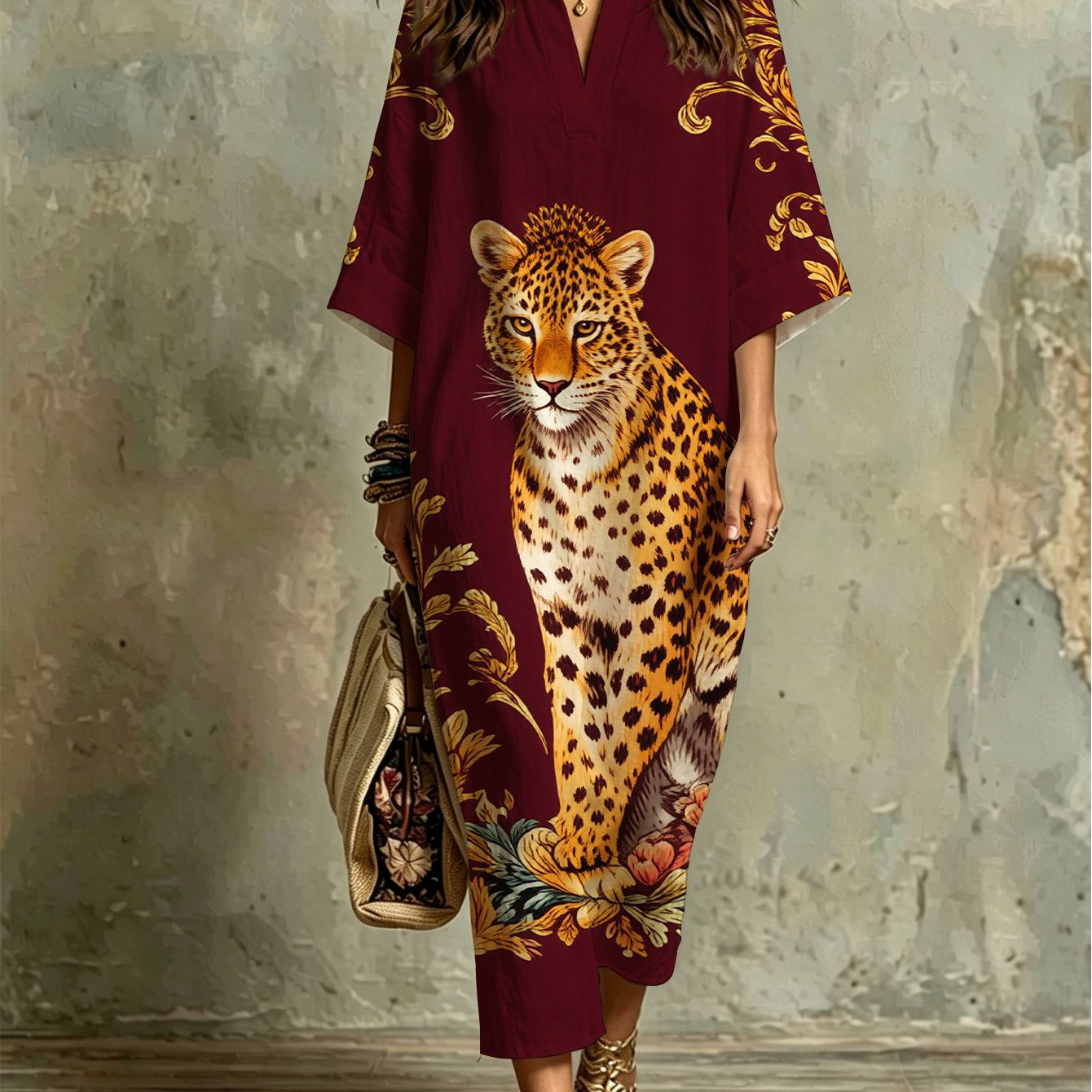 Image of Plus Size - Fashion Casual Kaftan Dress With Burgundy Background, And Floral Pattern, Comfortable, Breathable, Loose Fit For Beach Vacation, Summer Party, Casual Daily Wear
