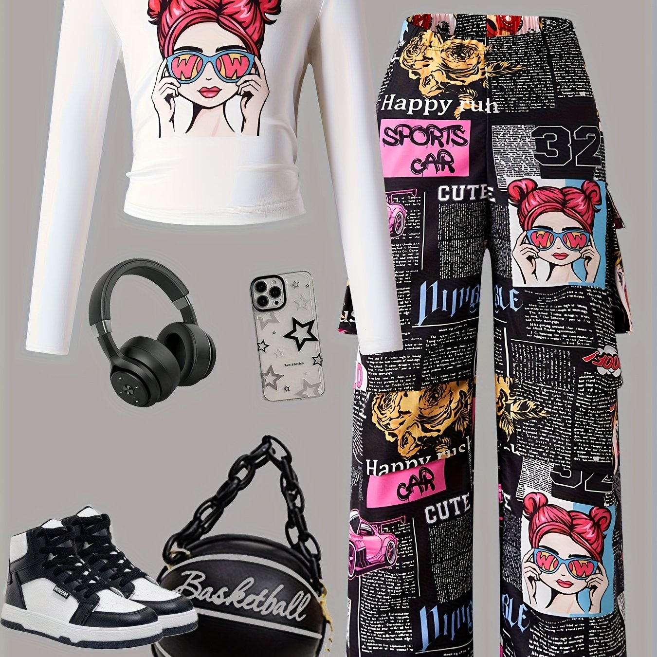 Image of Girls' Autumn 130-170cm Casual Cartoon Print Slim Fit Long Sleeve & Pants Set