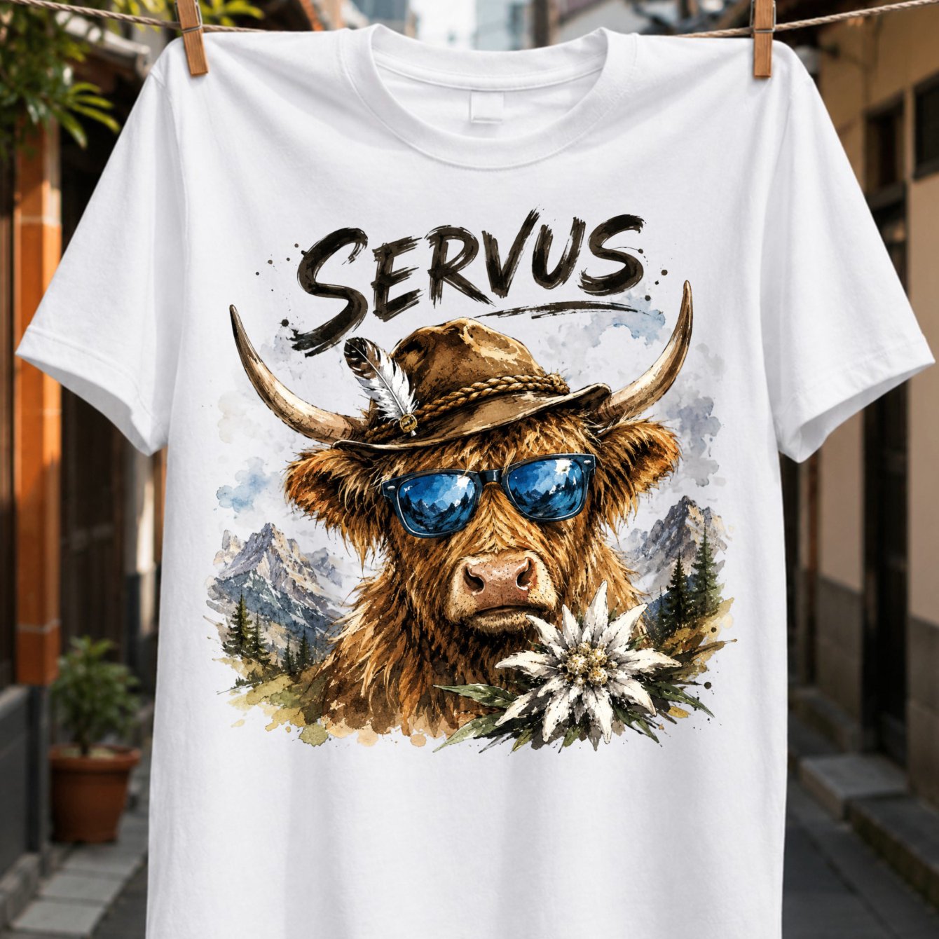 German Servus Highland Cow With Blue Alpine Mountains Fir Trees And Watercolor Unisex All T-shirt