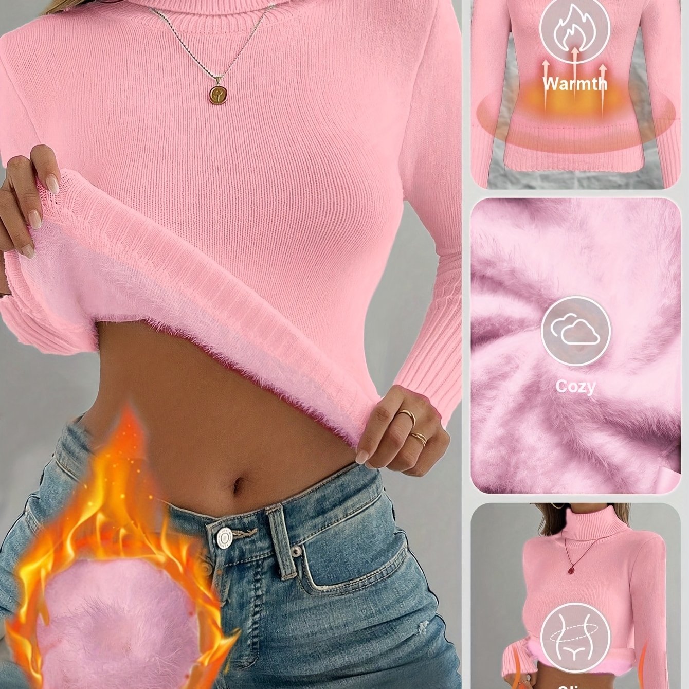 European And American Full-set High Neck Thick Warm Lined Body-fitting Long Sleeve Pullover, Suitable For Autumn/winter