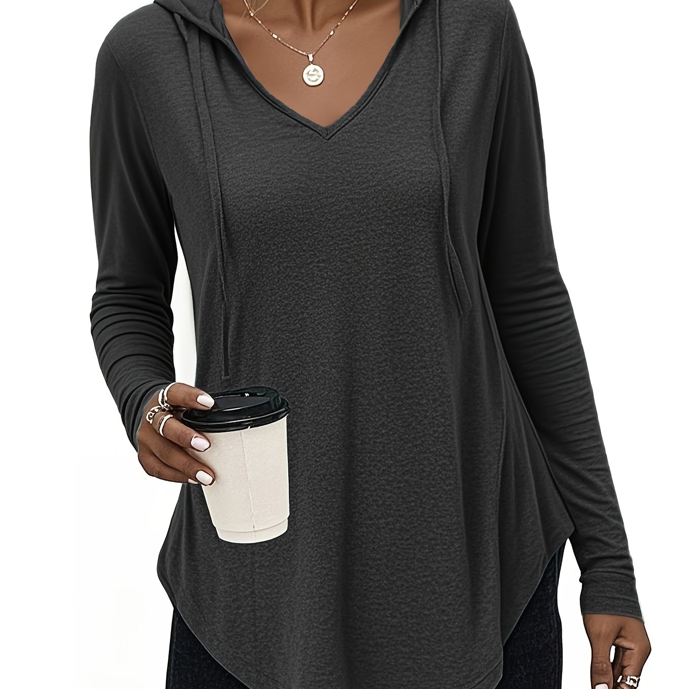Plus Size - Women's Plus Size Casual Elegant Hooded Drawstring Long Sleeve V-neck Top | Fall/winter Solid Color With Stretch Fabric