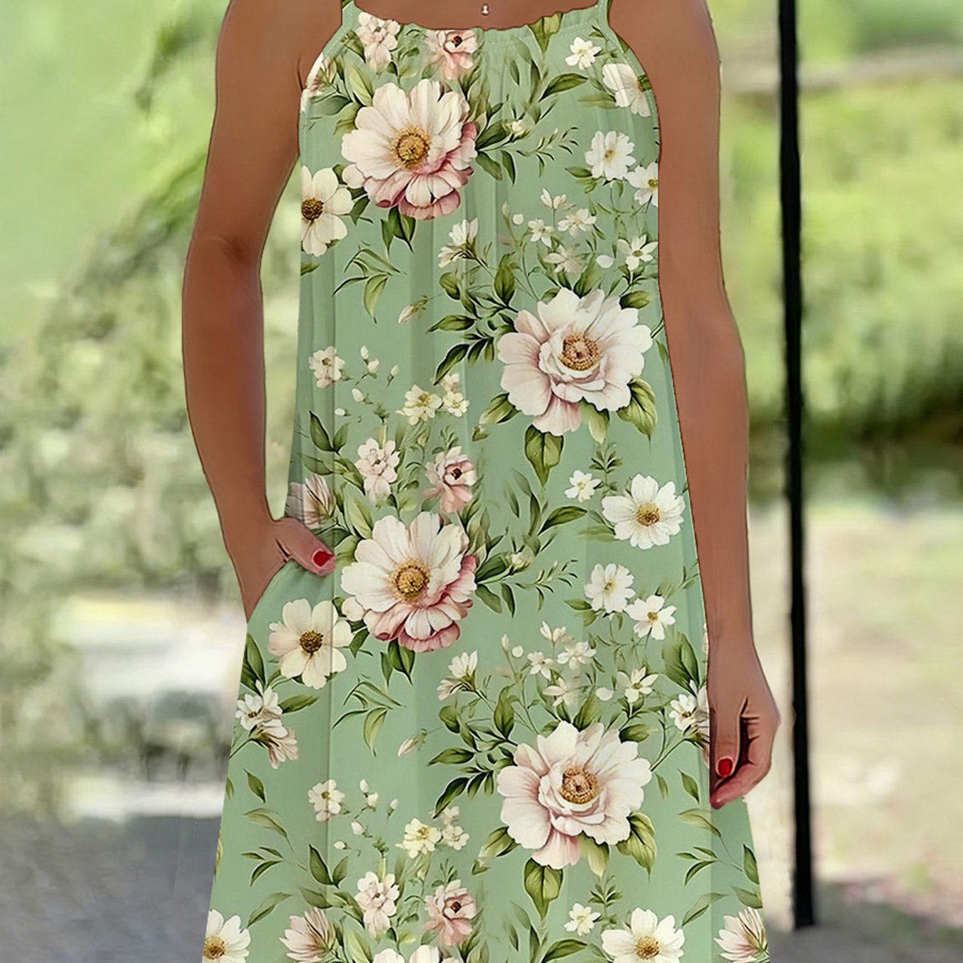 TEMU Plus Size Elegant Loose Cami Dress With Pockets, Women's Sleeveless Casual Sundress