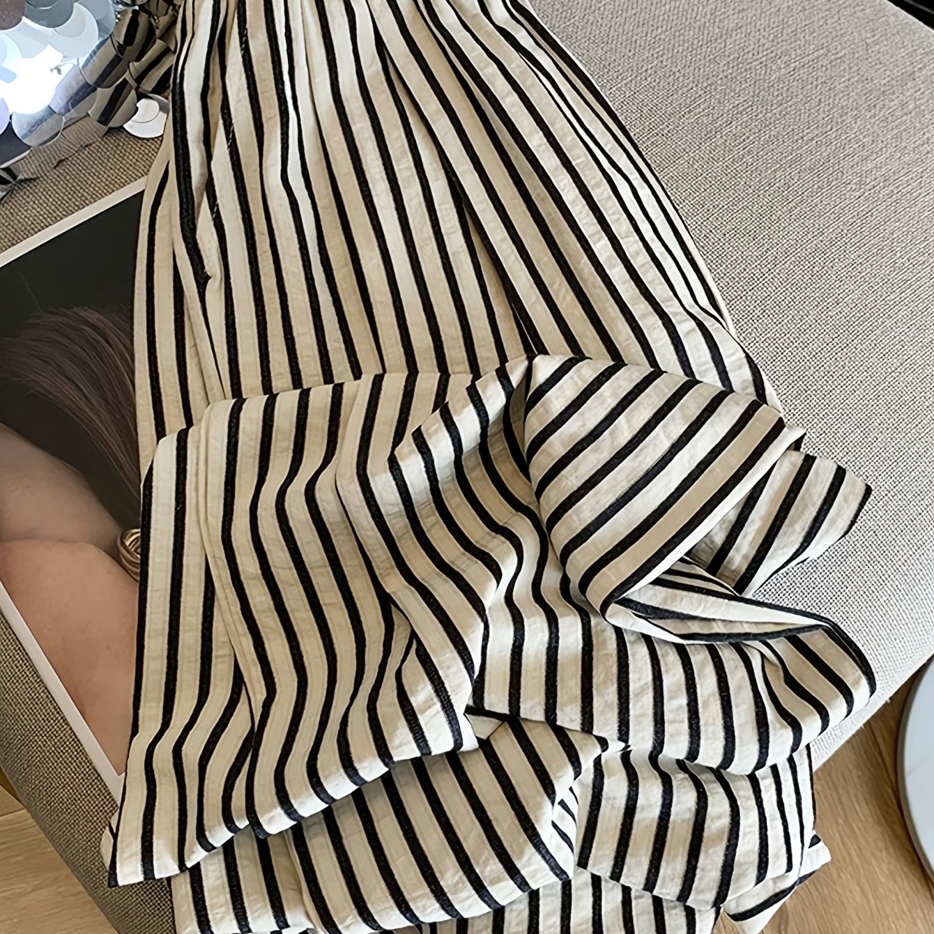 TEMU Women's Striped Trousers With Pockets, Straight Leg, Wide-leg Pants