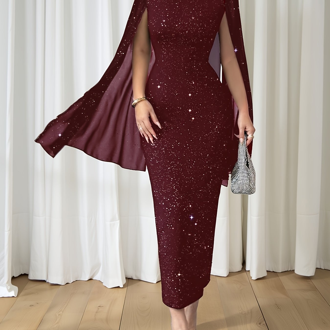 TEMU Damen-Modekleid mit Rippenstruktur, Rundhalsausschnitt, glänzendem Patchwork schmaler Passform. Bitte wählen Sie gemäß der Größentabelle aus