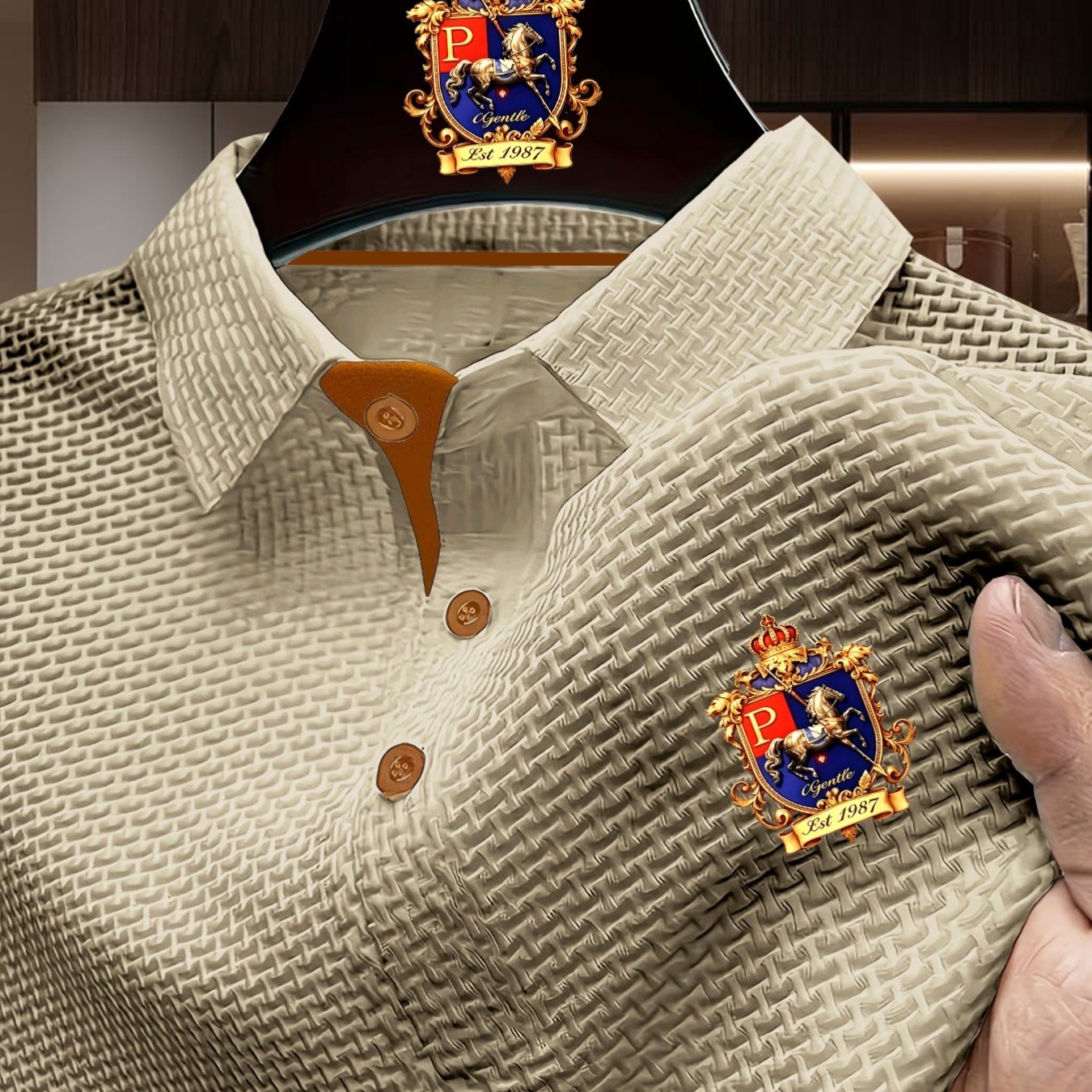 TEMU Men's Outdoor Golf & Equestrian Casual Shirt Emblem Pattern, Short Sleeve, Textured Fabric, Color . Mature Men's Business Casual Jacquard