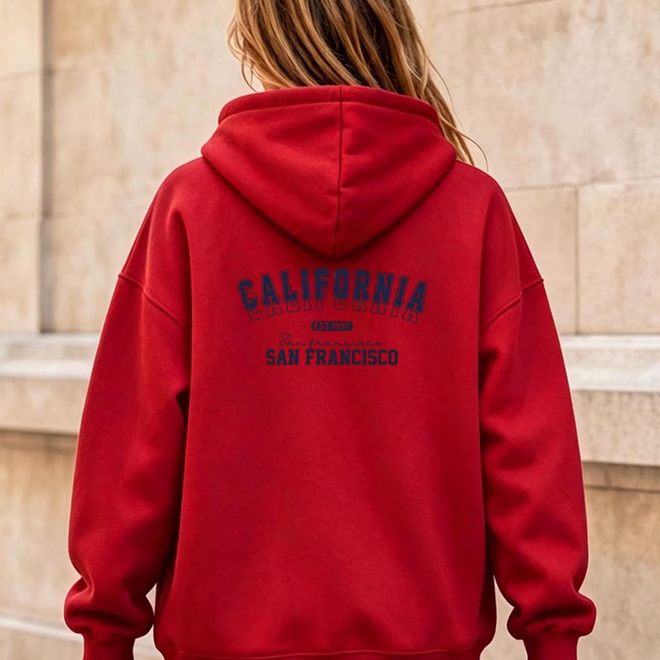 Image of Women's Printed Hoodie With Drawstring Hood And Kangaroo Pocket, Y2k Back Print California San Francisco, Loose Fit Long Sleeve Pullover For Casual Daily Wear Autumn Winter