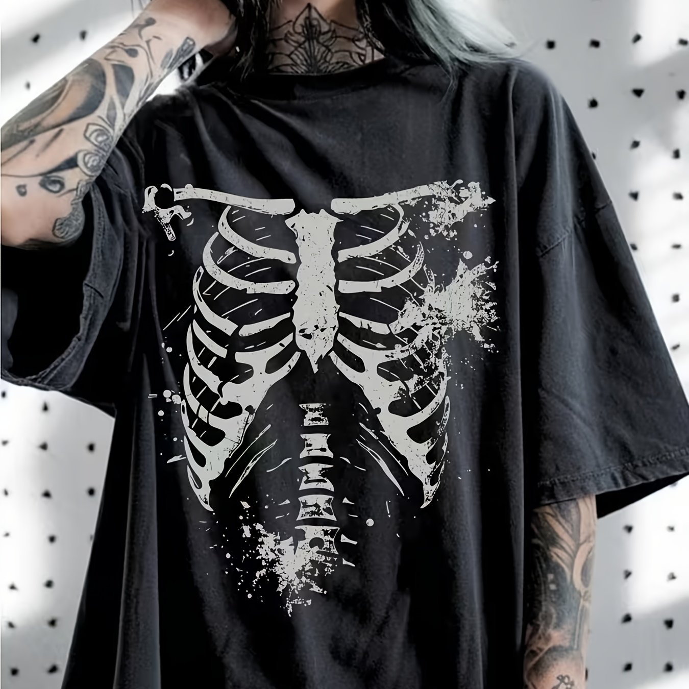 TEMU Plus Size Graphic Print T-shirt | Short Sleeve Crew Neck Casual Top For Summer & Spring, Women's Plus Size Clothing With Skull Bone Rib Design